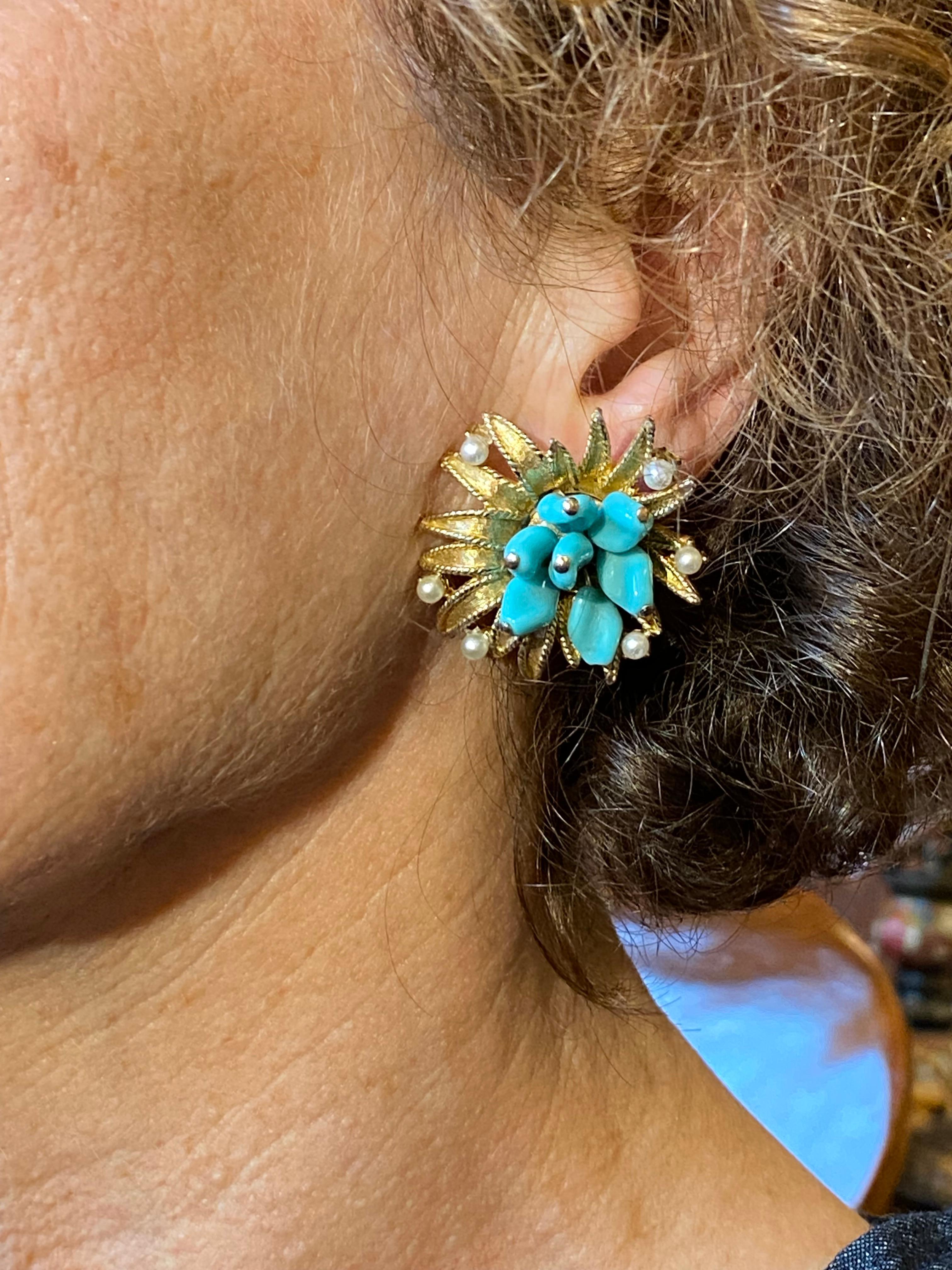 Turquoise glass, paste pearls  and gilt metal earrings, Marcel Boucher, 1960s In Good Condition For Sale In Greyabbey, County Down