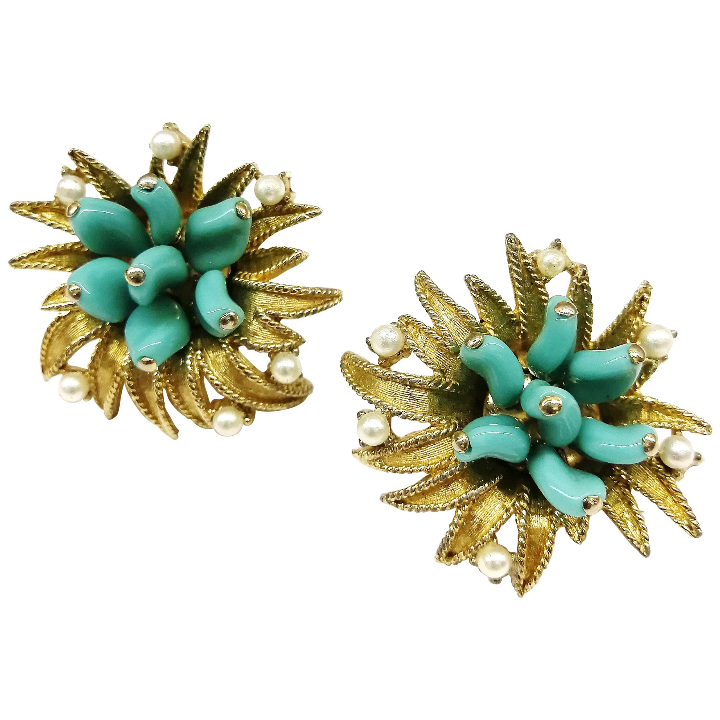 Turquoise glass, paste pearls  and gilt metal earrings, Marcel Boucher, 1960s For Sale