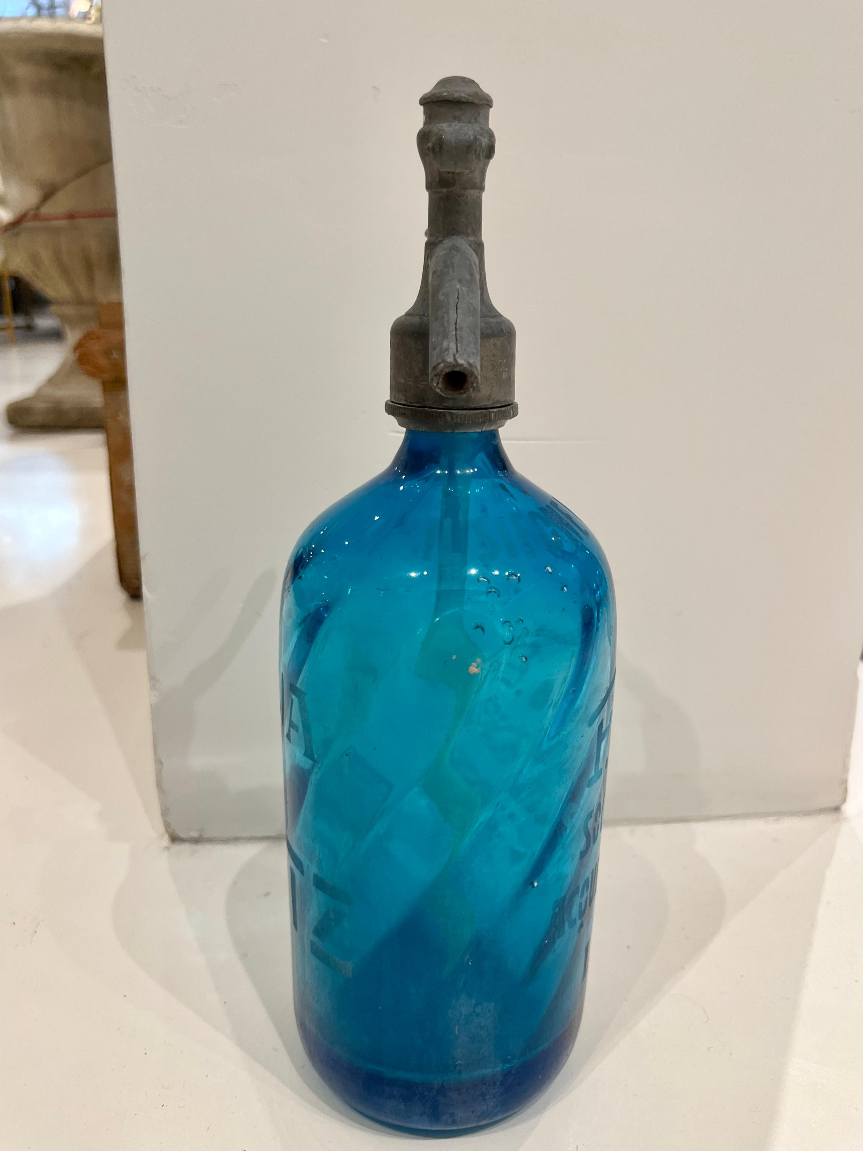 Italian Turquoise Glass Seltzer Bottle For Sale