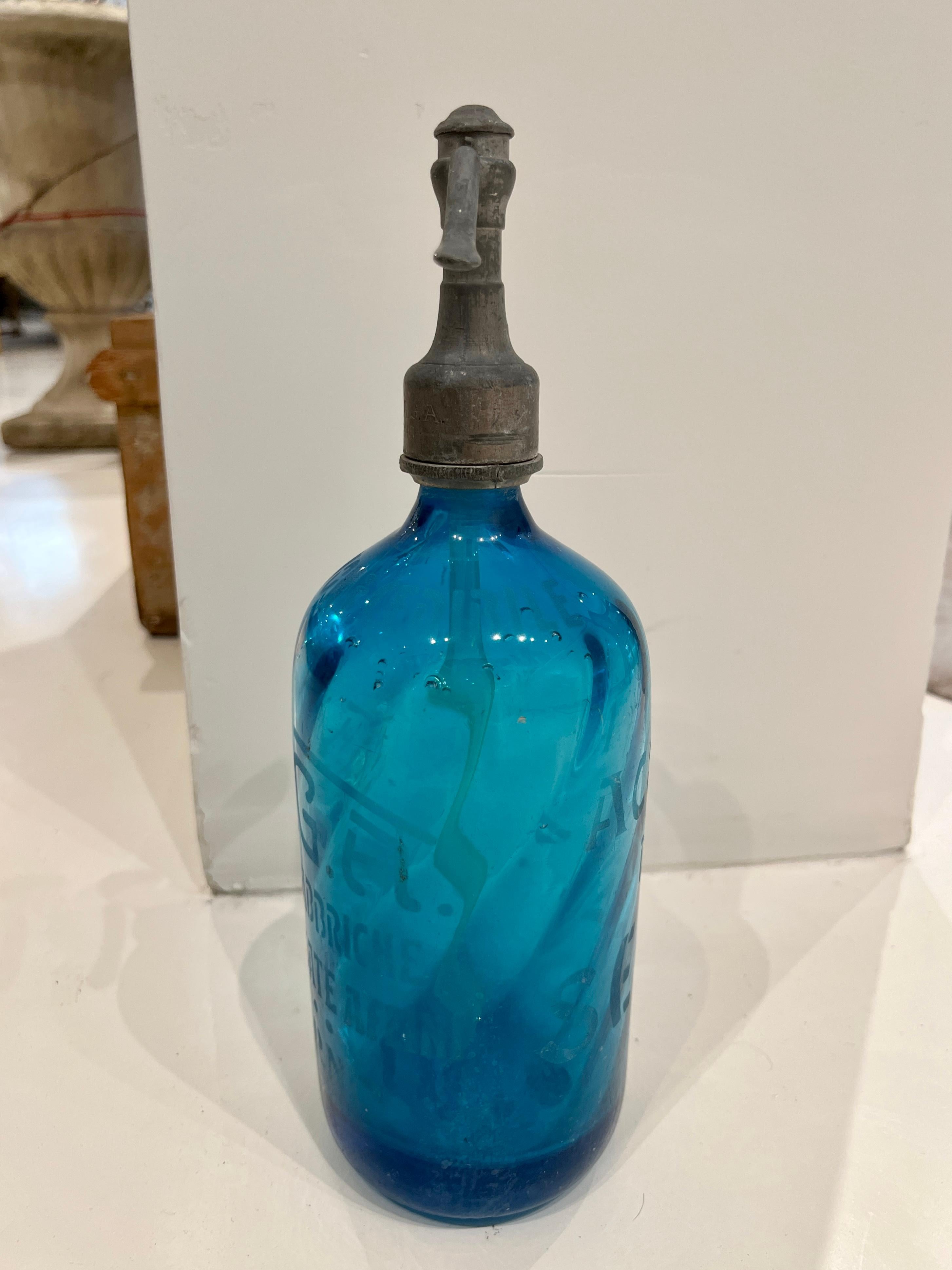 19th Century Turquoise Glass Seltzer Bottle For Sale
