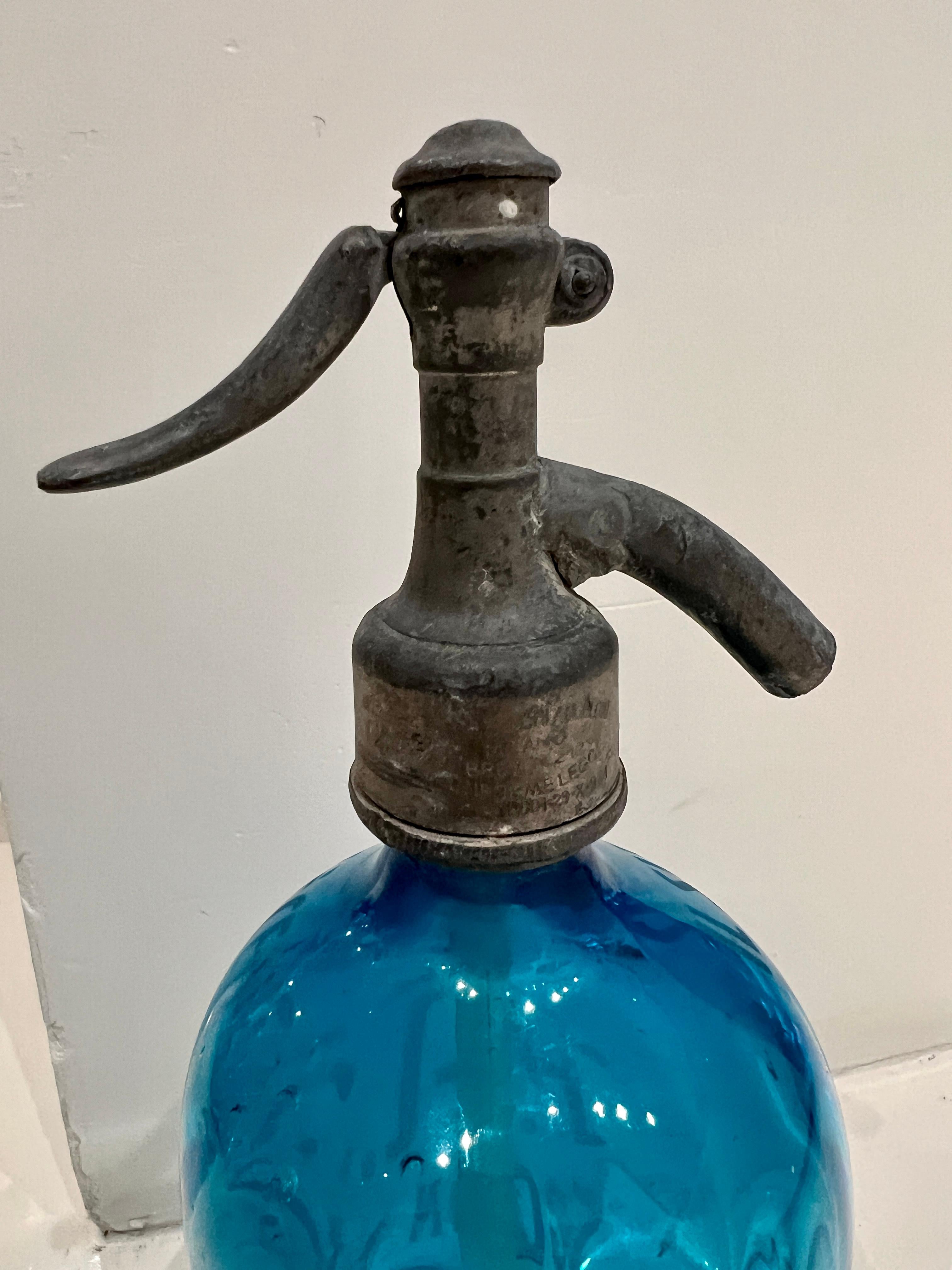 Metal Turquoise Glass Seltzer Bottle For Sale