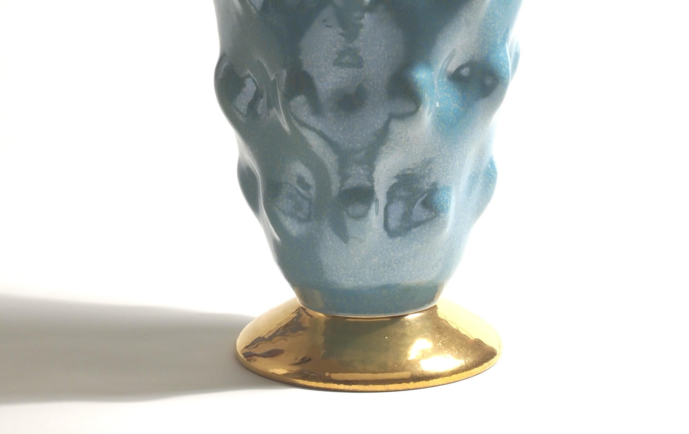 Glazed Turquoise Glaze and 24ct Gold Umbonate Majolica Vase, Italy, 21st Century For Sale