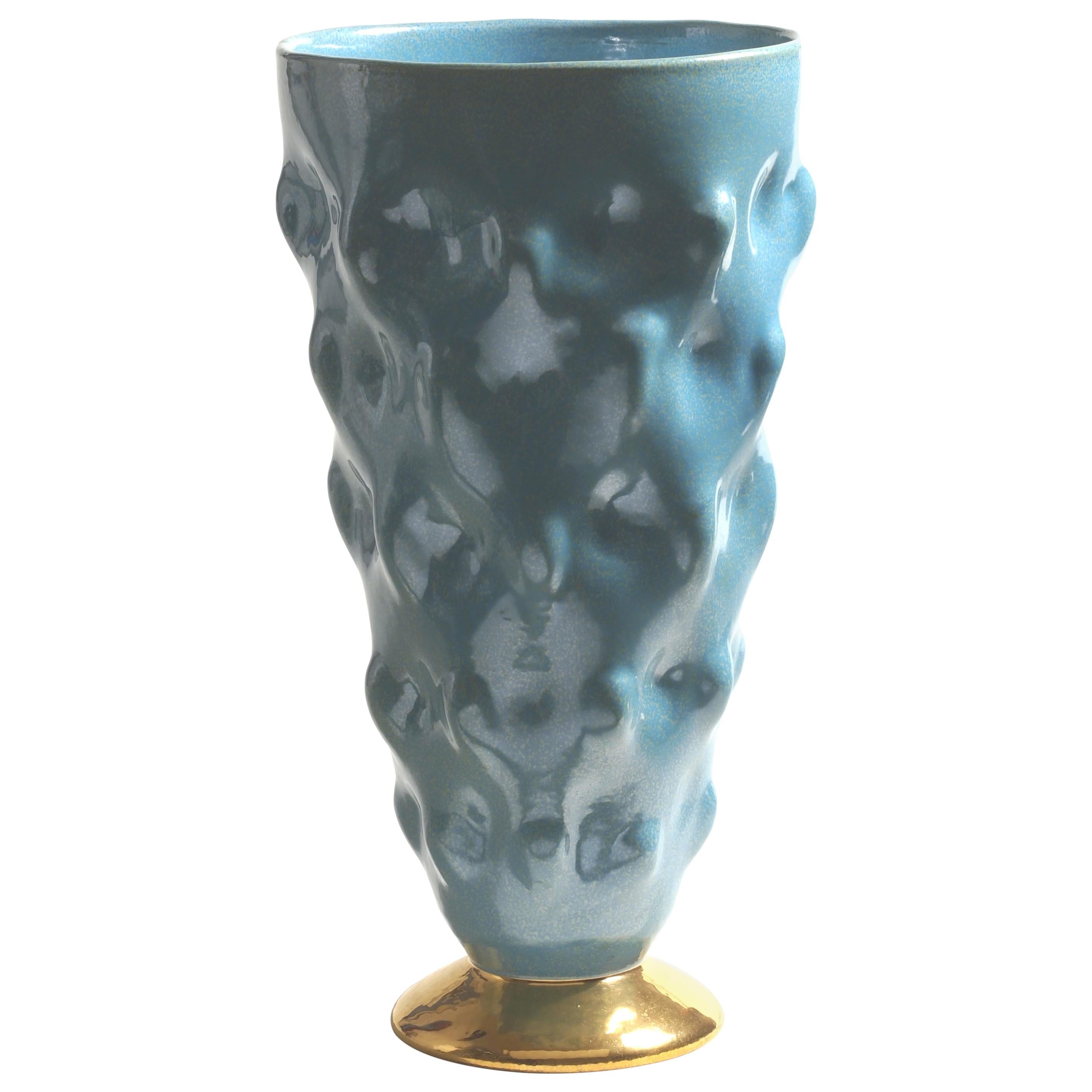 Turquoise Glaze and 24ct Gold Umbonate Majolica Vase, Italy, 21st Century For Sale