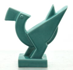 Turquoise Glazed 'Art Deco' Sculpture of a Bird, Design De Mey, by Nimy Belgium