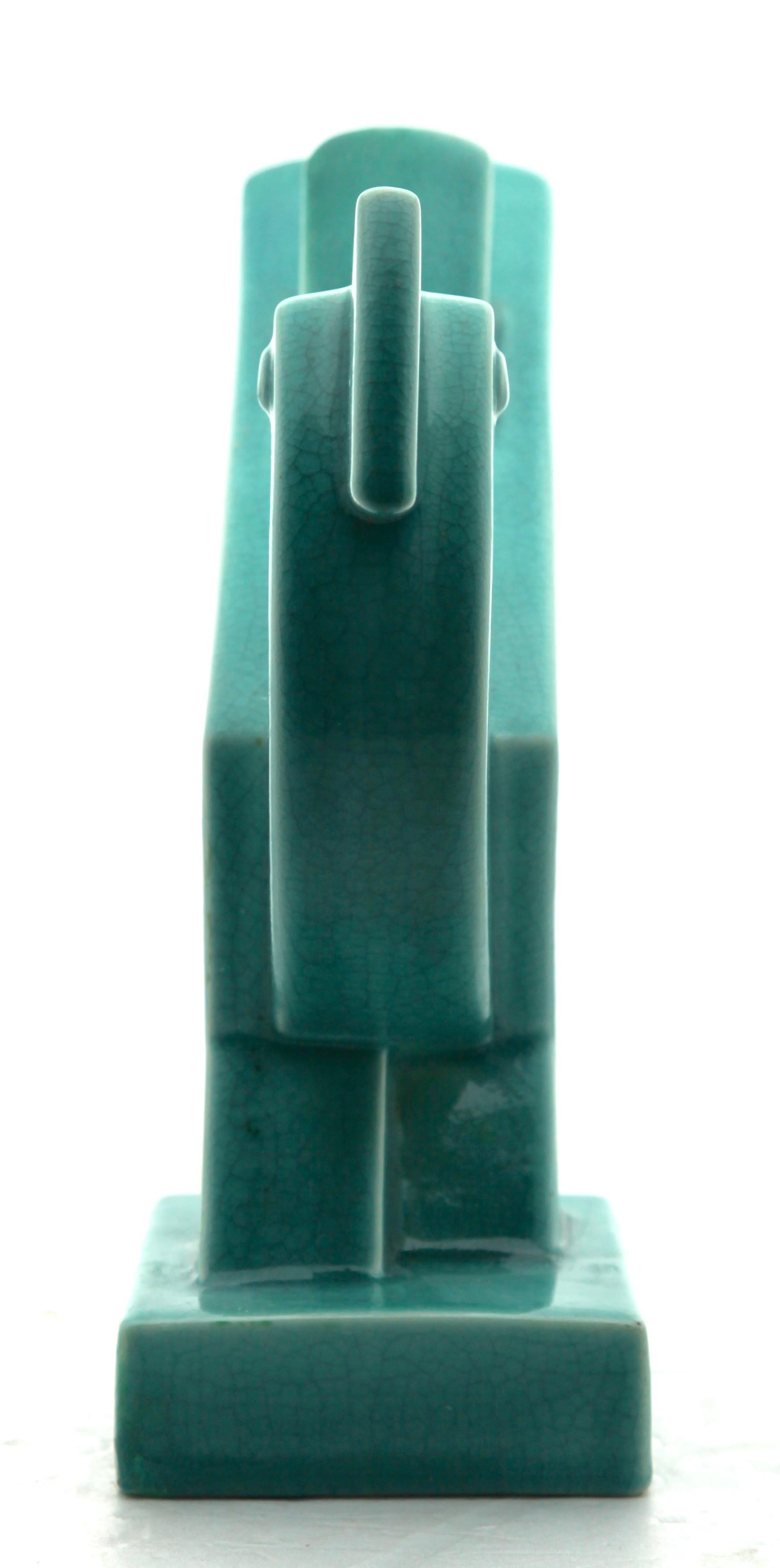 Ceramic Turquoise Glazed 'Art Deco' Sculpture of a Bird, Design De Mey, by Nimy Belgium