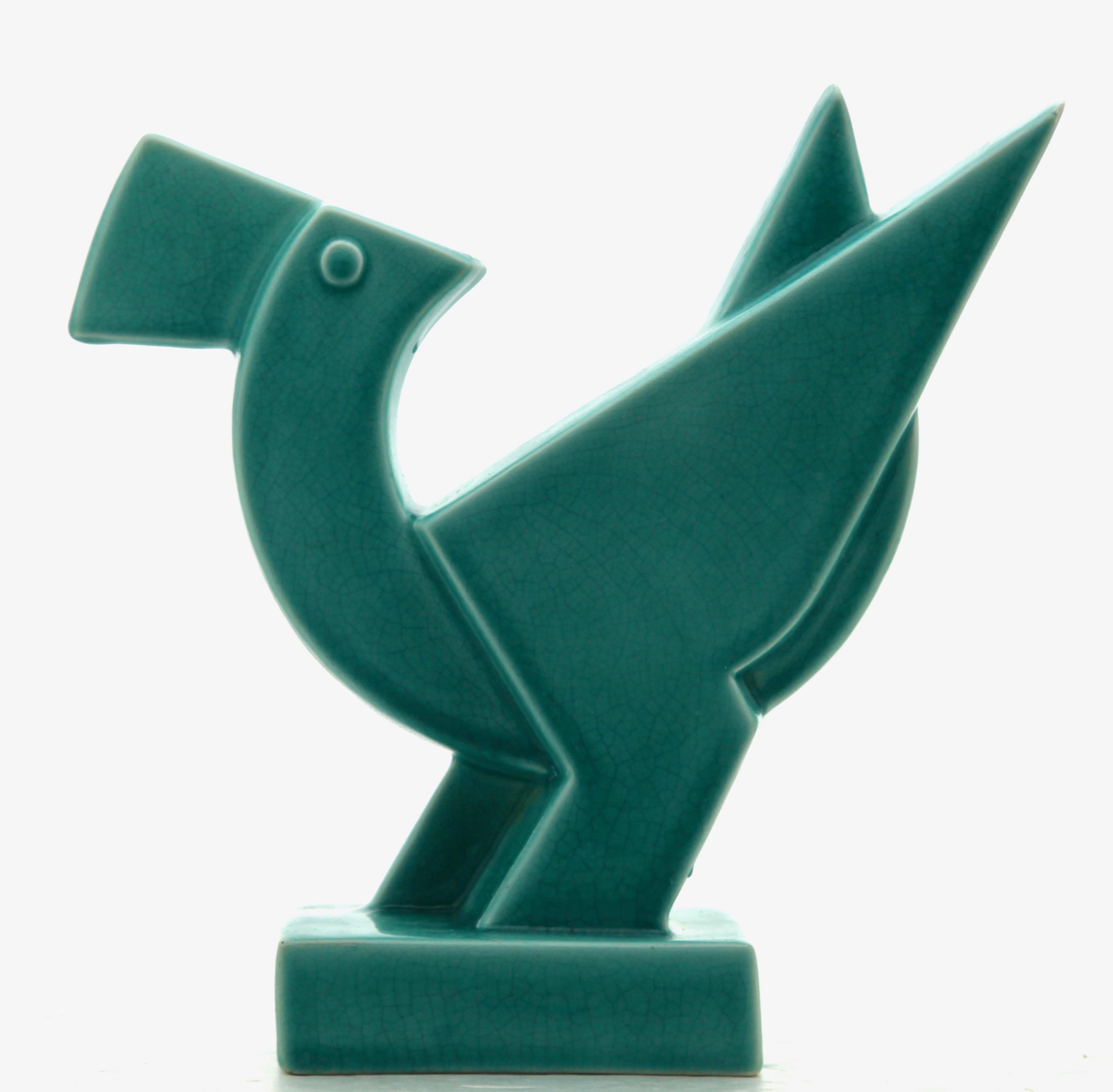 Turquoise Glazed 'Art Deco' Sculpture of a Bird, Design De Mey, by Nimy Belgium 1