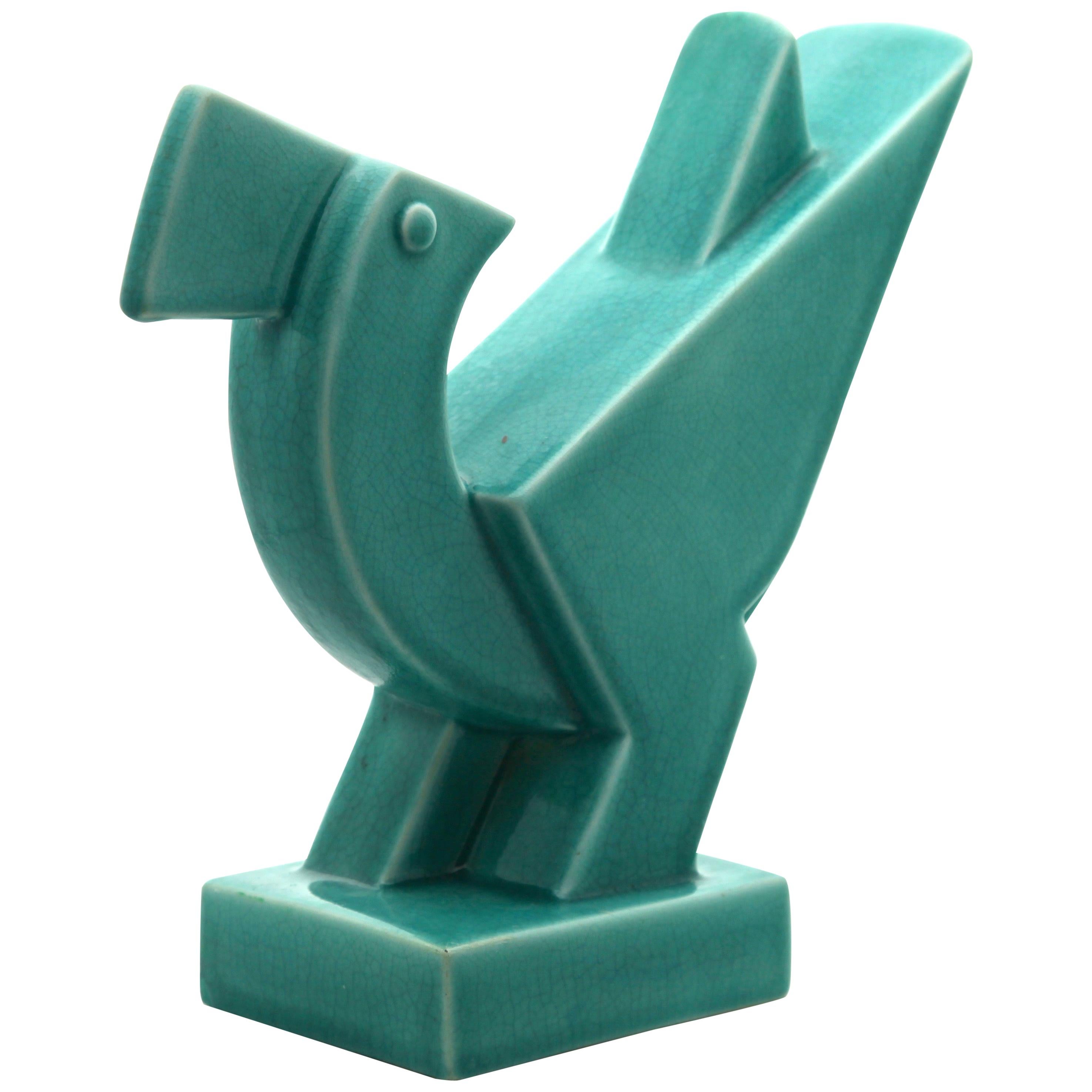 Turquoise Glazed 'Art Deco' Sculpture of a Bird, Design De Mey, by Nimy Belgium