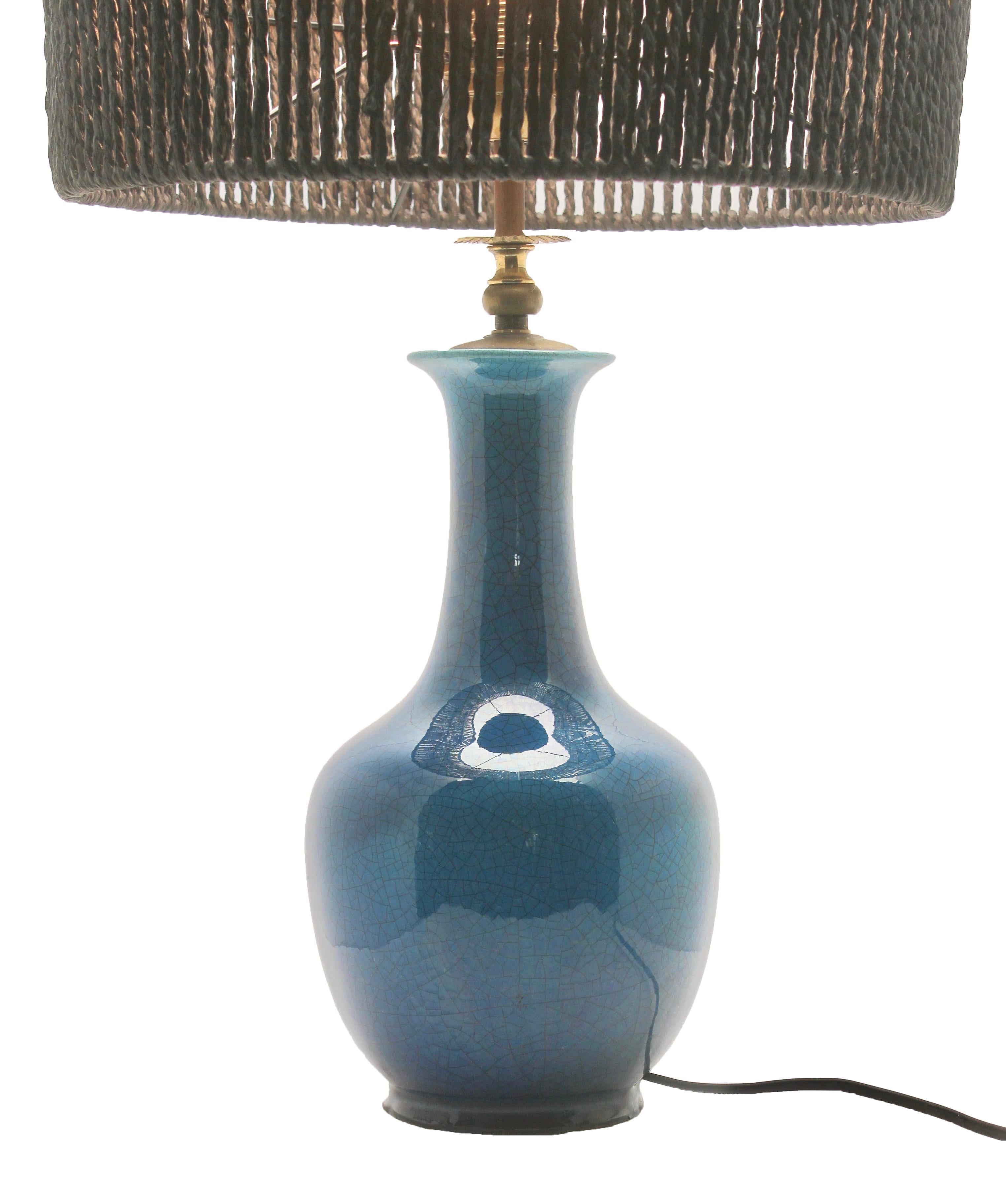 Art Nouveau Turquoise Glazed Chinese Ceramic Table Lamp with Crackle Glaze