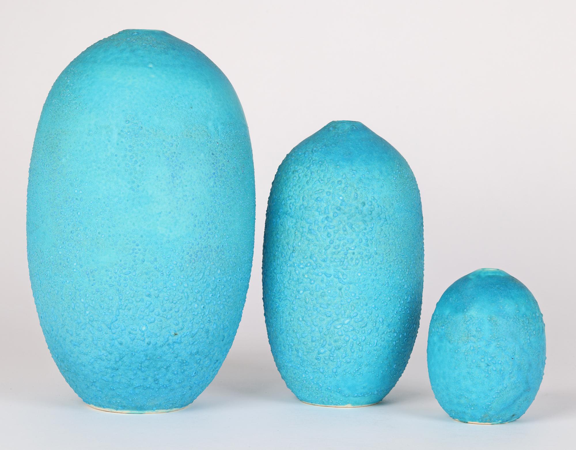 Turquoise Glazed Group of Graduated Studio Pottery Gourd Shape Vases For Sale 6