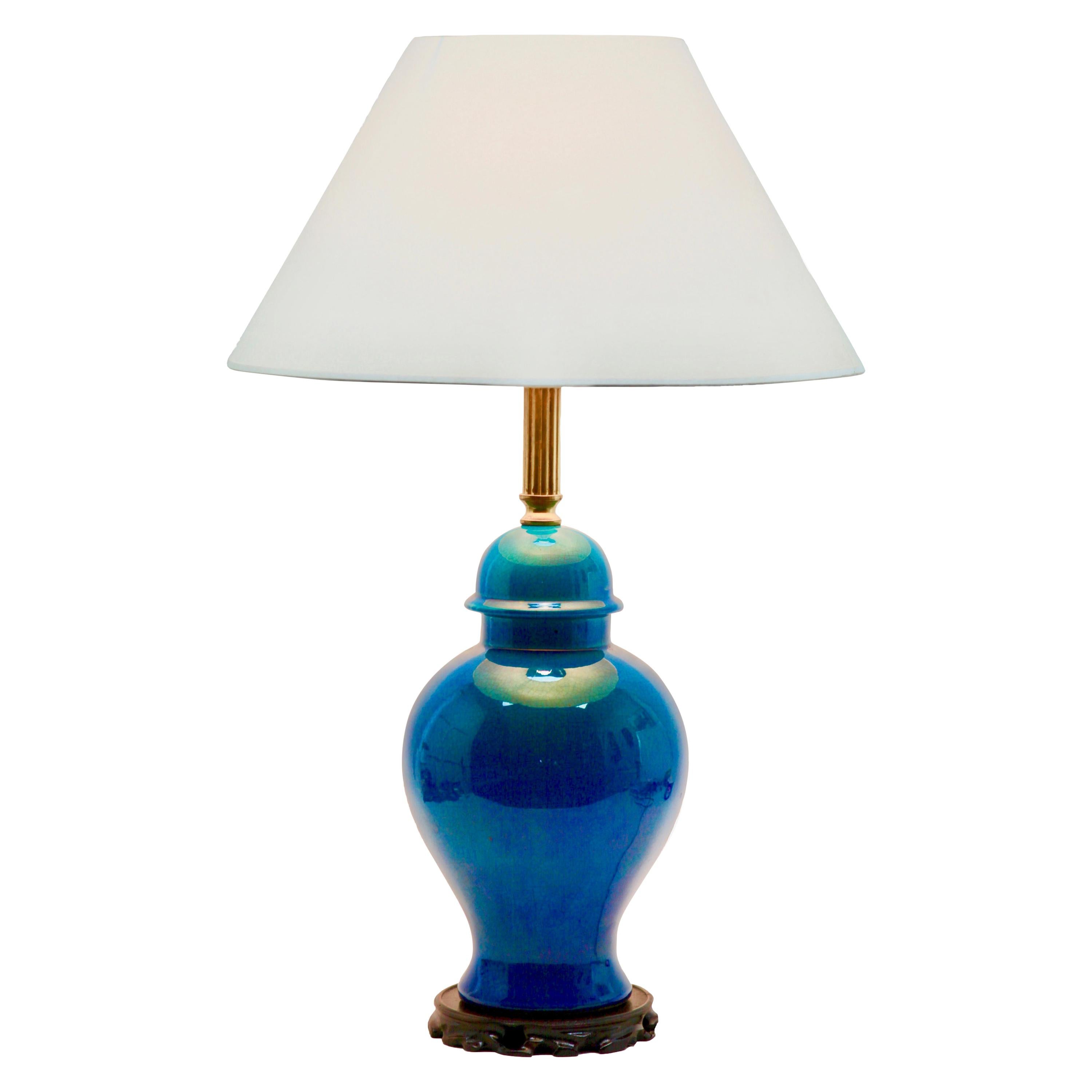 2 Turquoise Glazed Large Chinese Ceramic Table Lamp with Crackle Glaze
