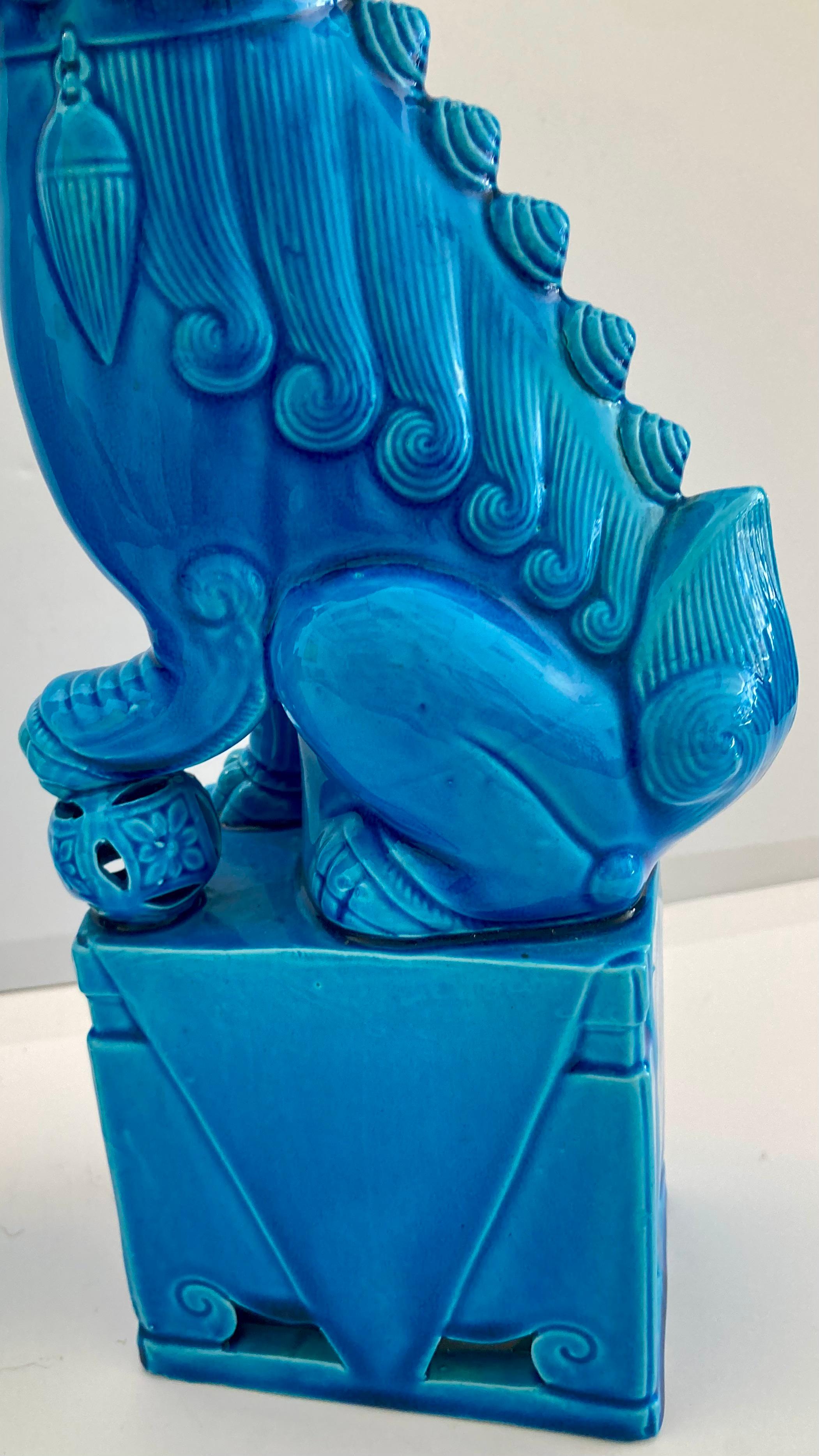 Turquoise Glazed Porcelain Foo Dogs Large, a Pair For Sale 4