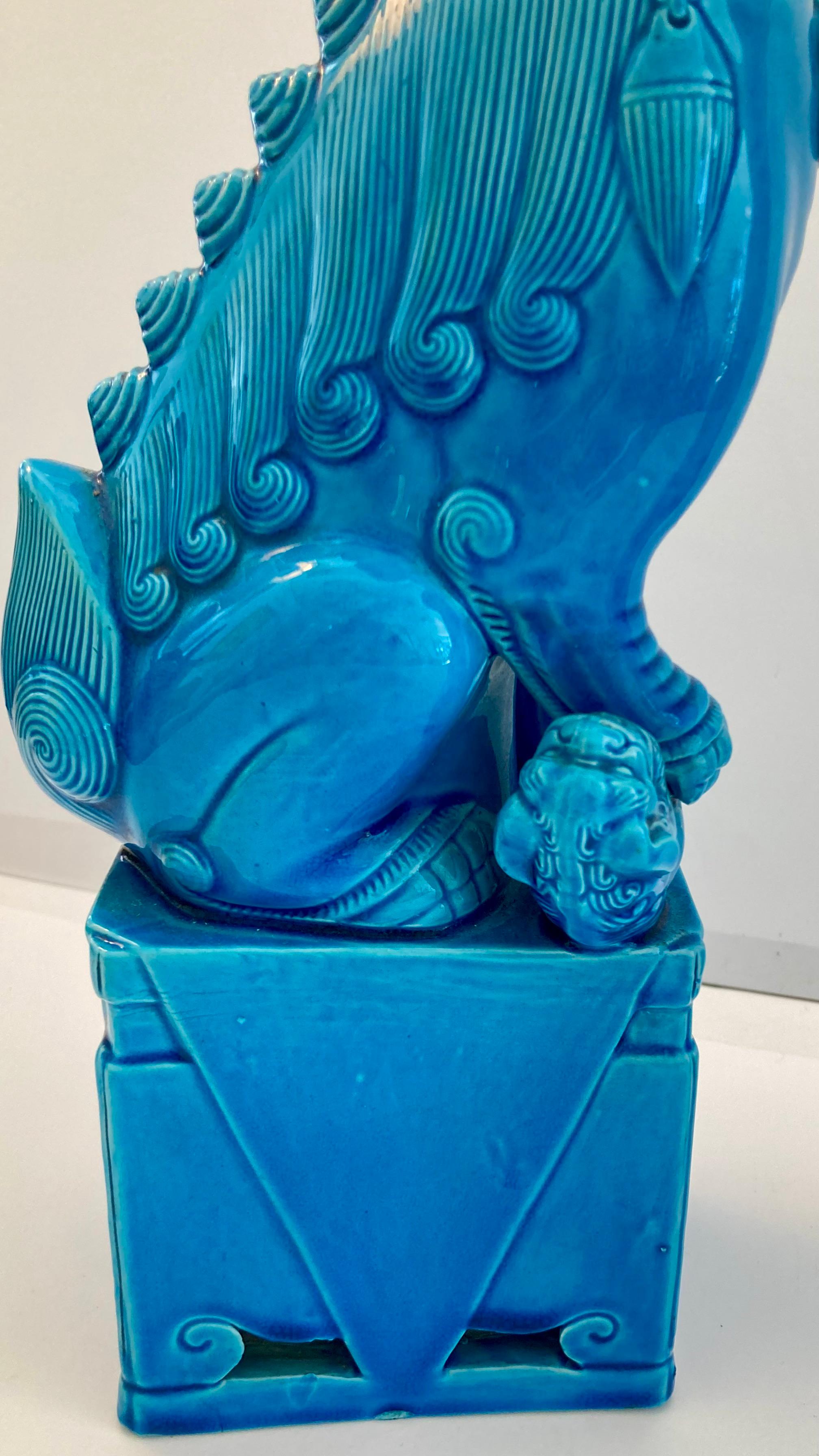 Turquoise Glazed Porcelain Foo Dogs Large, a Pair For Sale 1