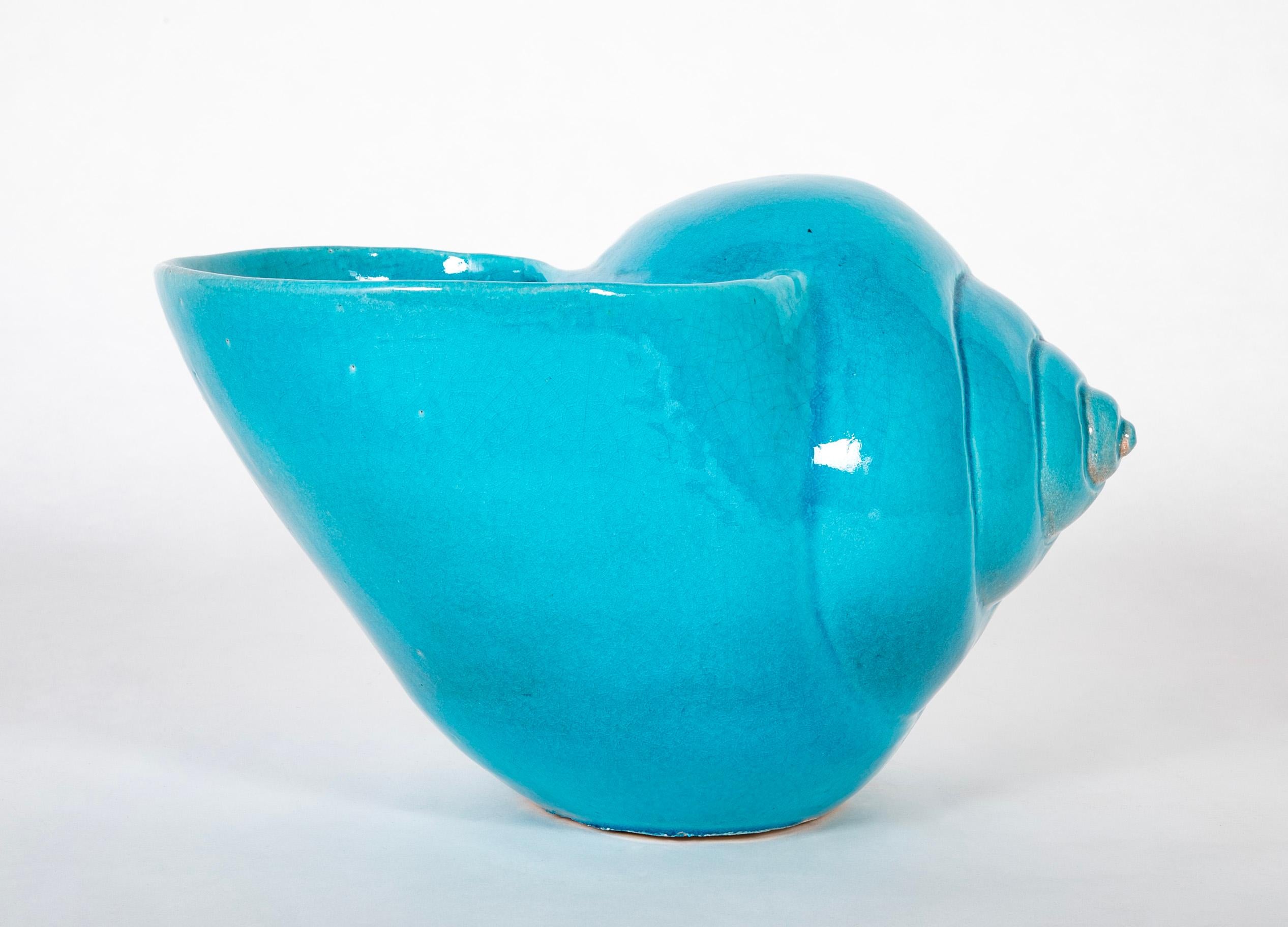 Turquoise Blue Glazed Sea Shell Vase Jardiniere Planter, Large Scale For Sale 5