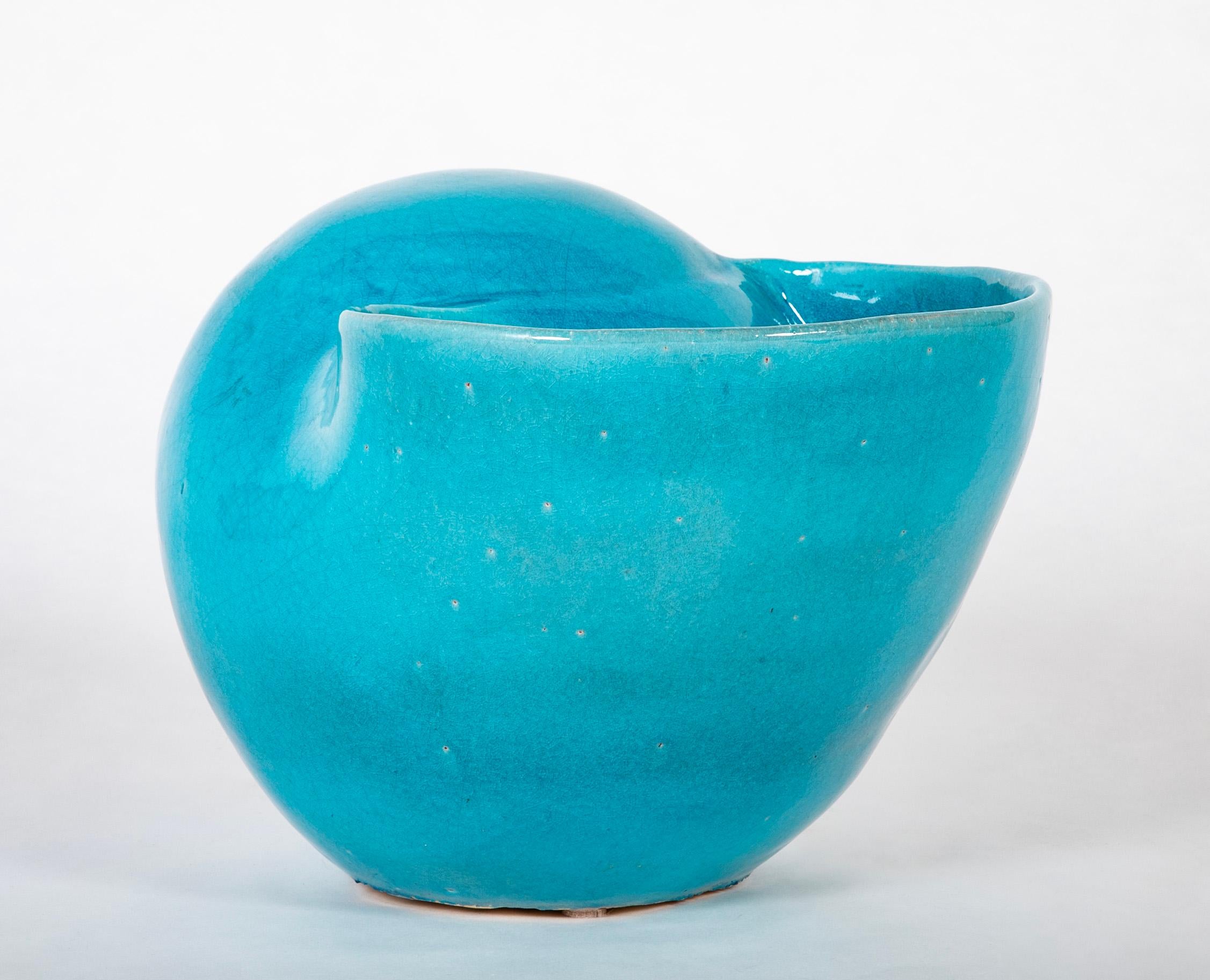 Turquoise Blue Glazed Sea Shell Vase Jardiniere Planter, Large Scale For Sale 8