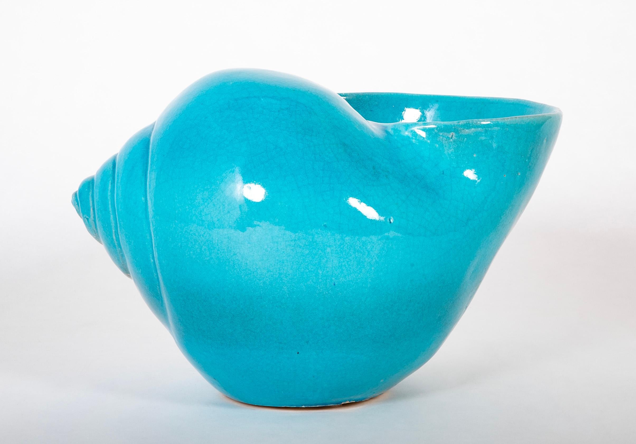 Turquoise Blue Glazed Sea Shell Vase Jardiniere Planter, Large Scale For Sale 10