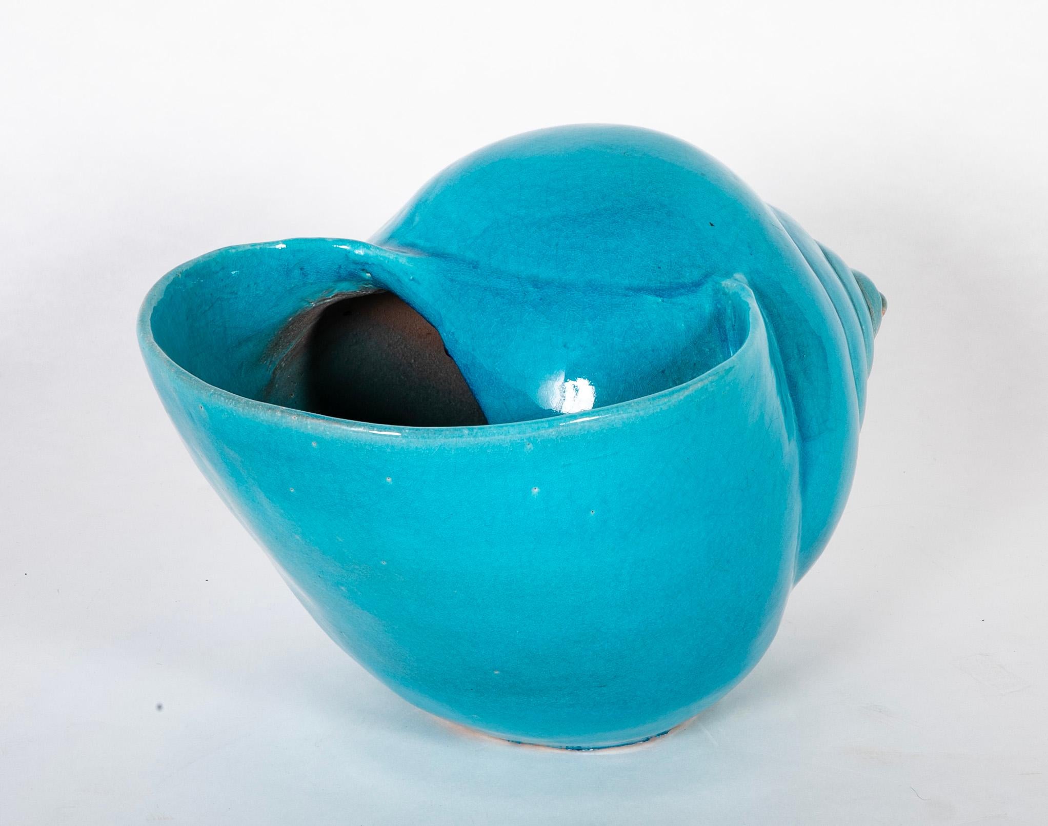 Turquoise Blue Glazed Sea Shell Vase Jardiniere Planter, Large Scale For Sale 12