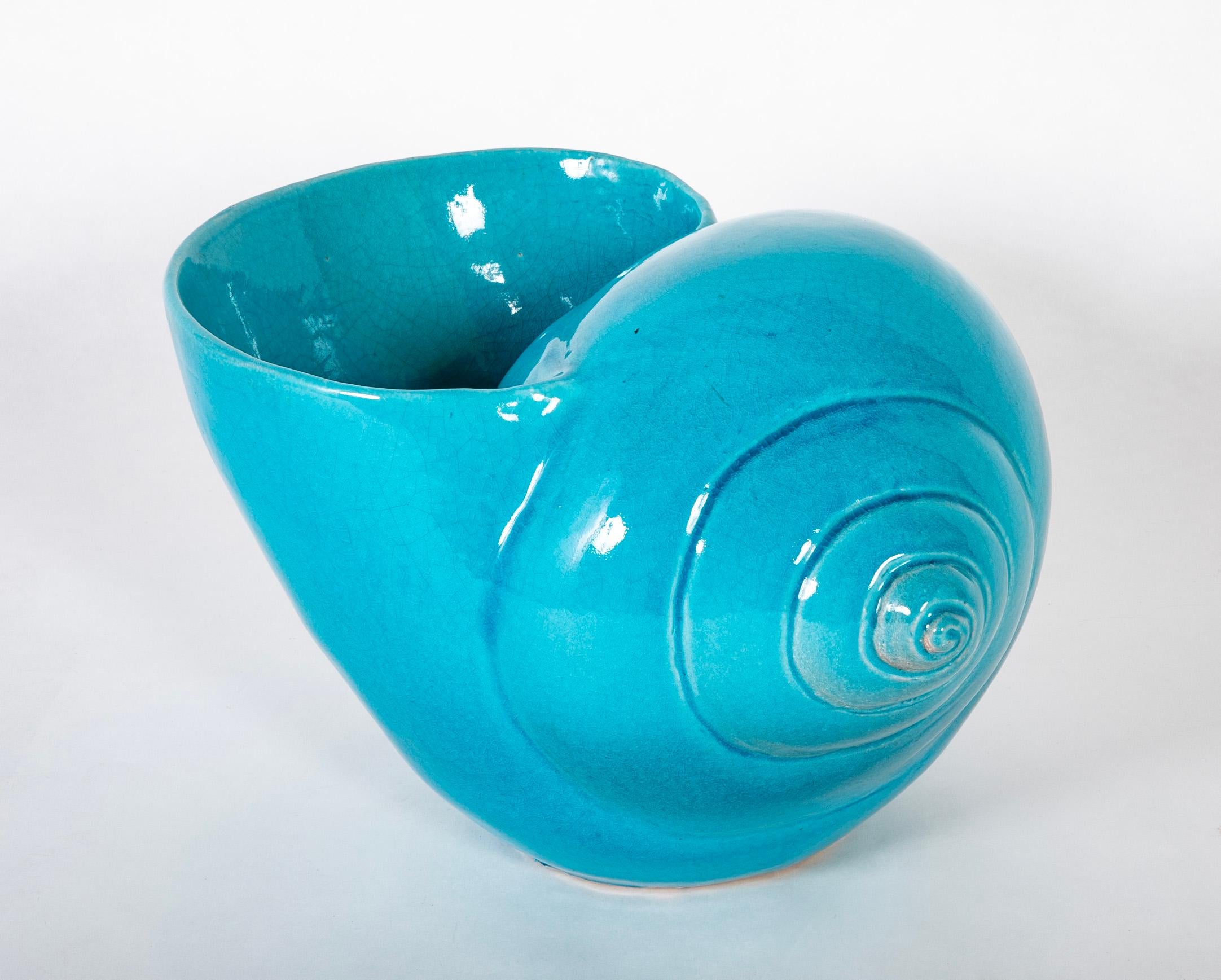 Mid-Century Modern Turquoise Blue Glazed Sea Shell Vase Jardiniere Planter, Large Scale For Sale