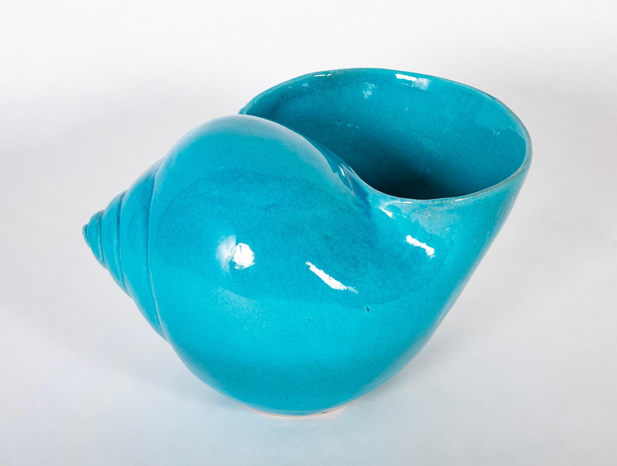 20th Century Turquoise Blue Glazed Sea Shell Vase Jardiniere Planter, Large Scale For Sale
