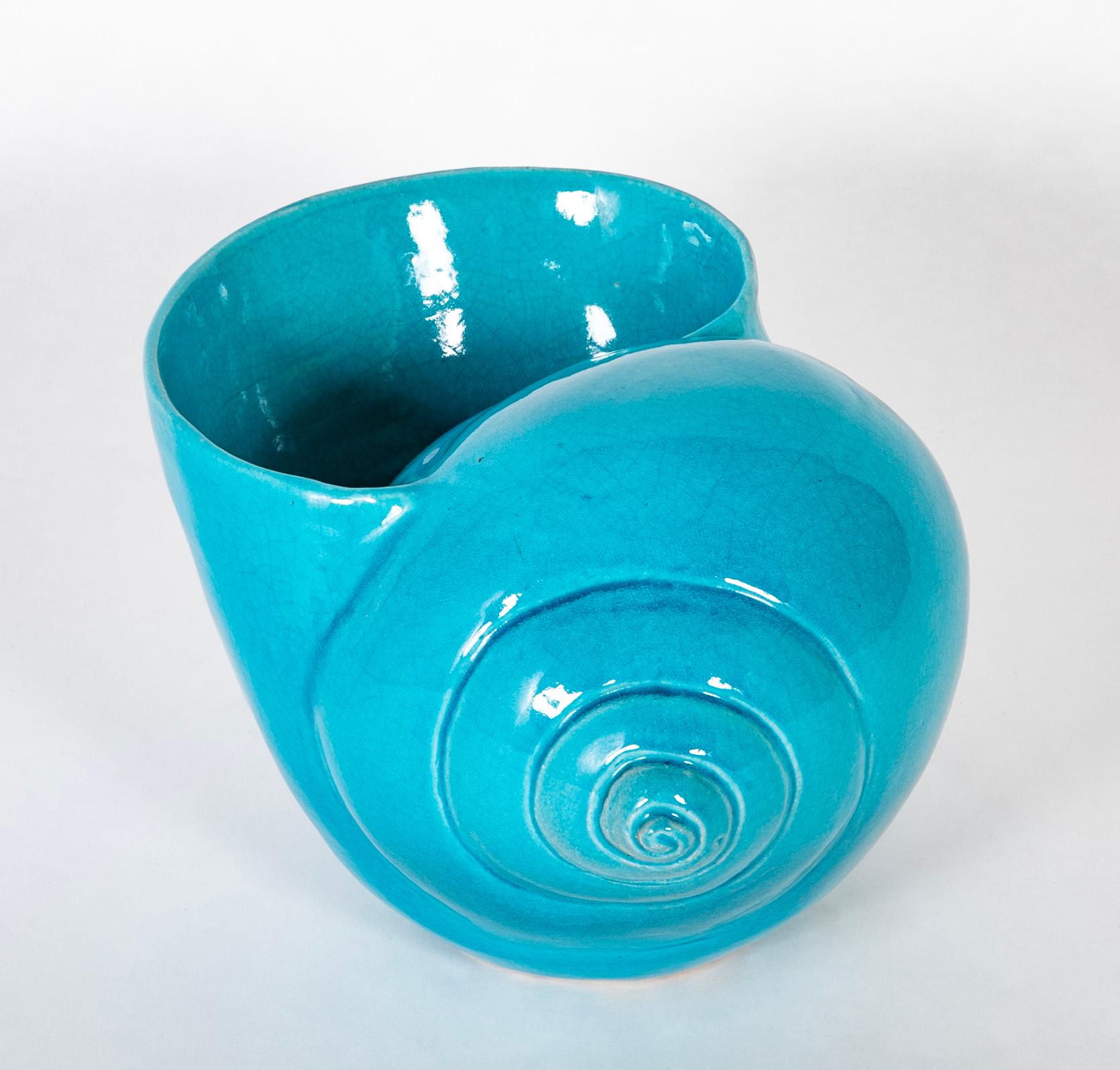 Ceramic Turquoise Blue Glazed Sea Shell Vase Jardiniere Planter, Large Scale For Sale