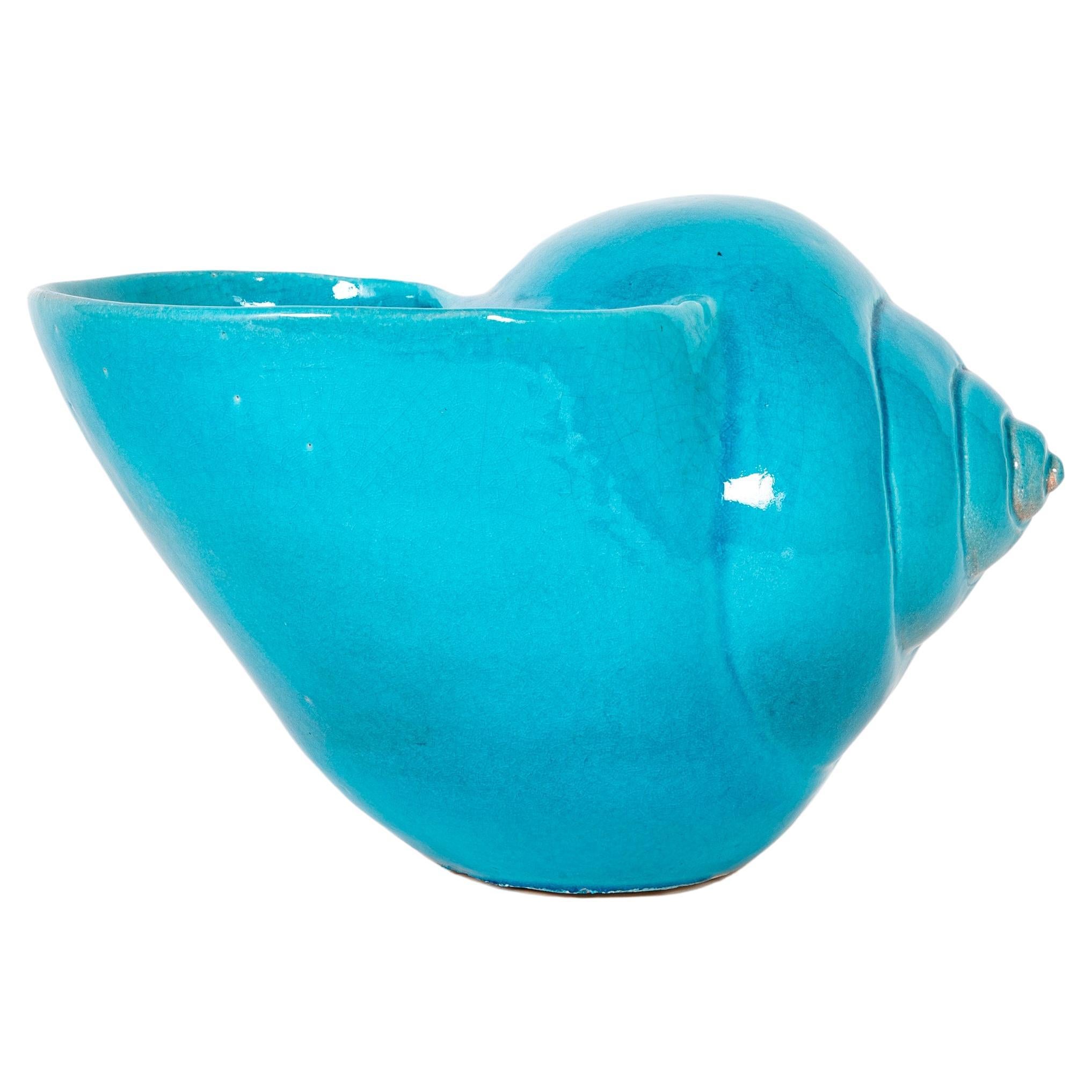 Turquoise Blue Glazed Sea Shell Vase Jardiniere Planter, Large Scale For Sale