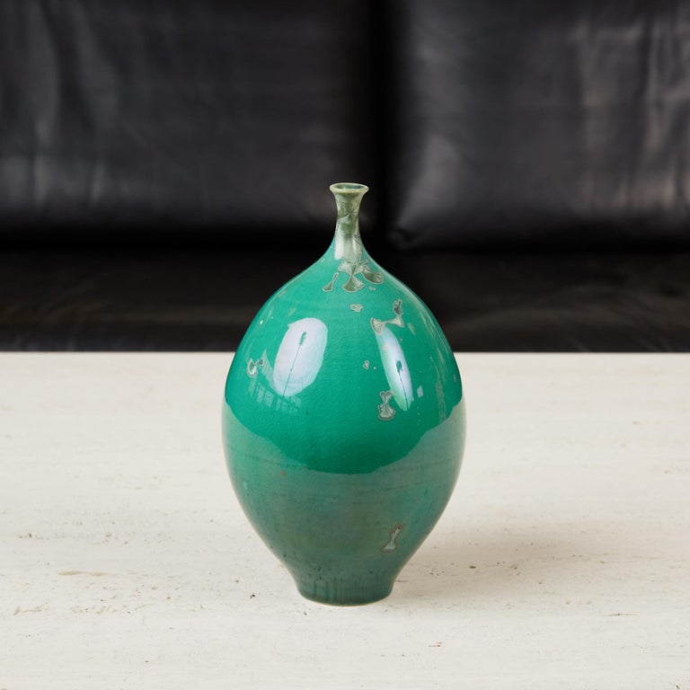 TurquoiseGlazed Studio Pottery Bud Vase signed "KM" For Sale at 1stDibs