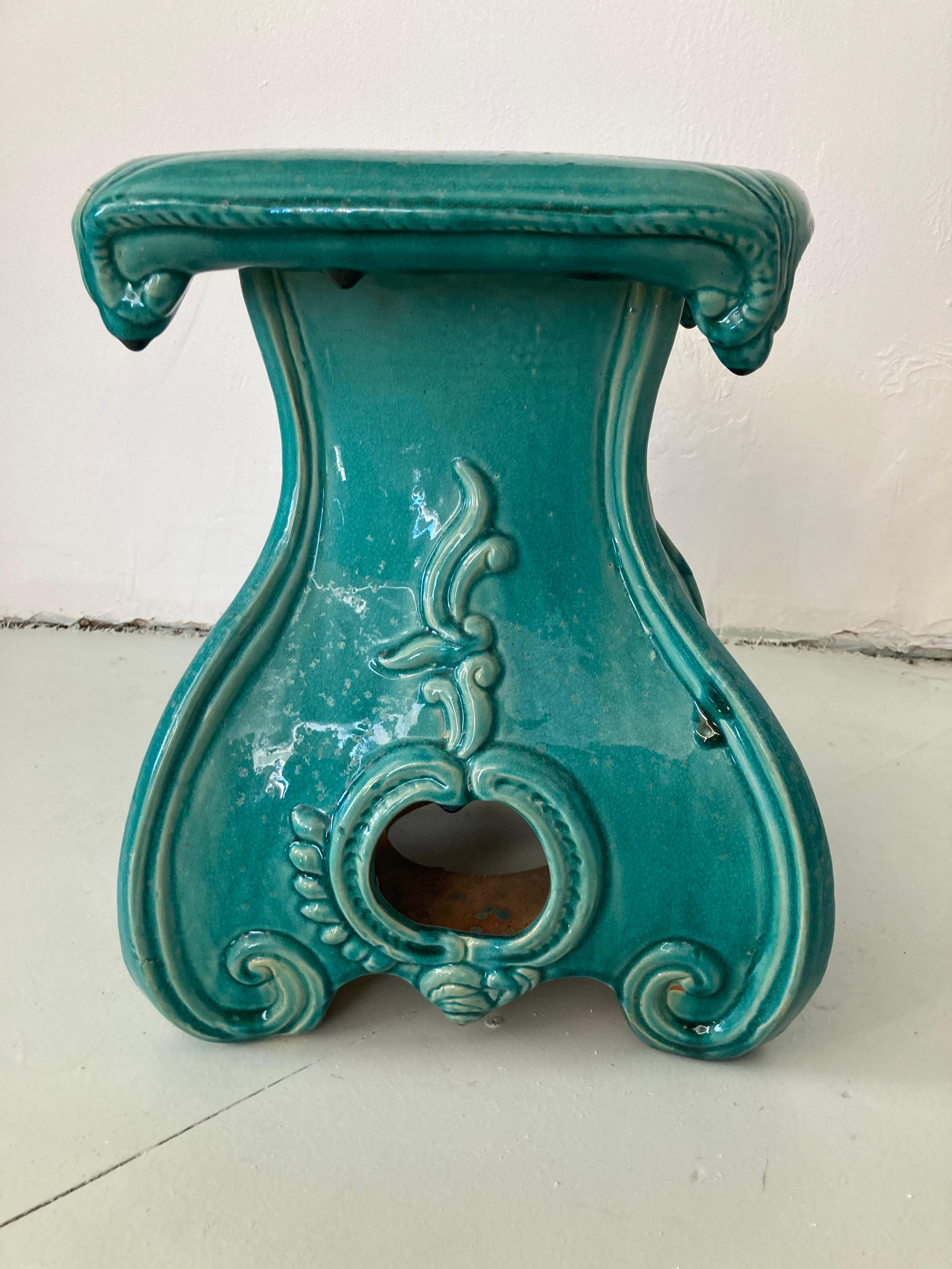 Fabulous Turquoise Glazed Terra Cotta Garden Seat from the early 1920’s . Amazing details . Add some classic style to your home.