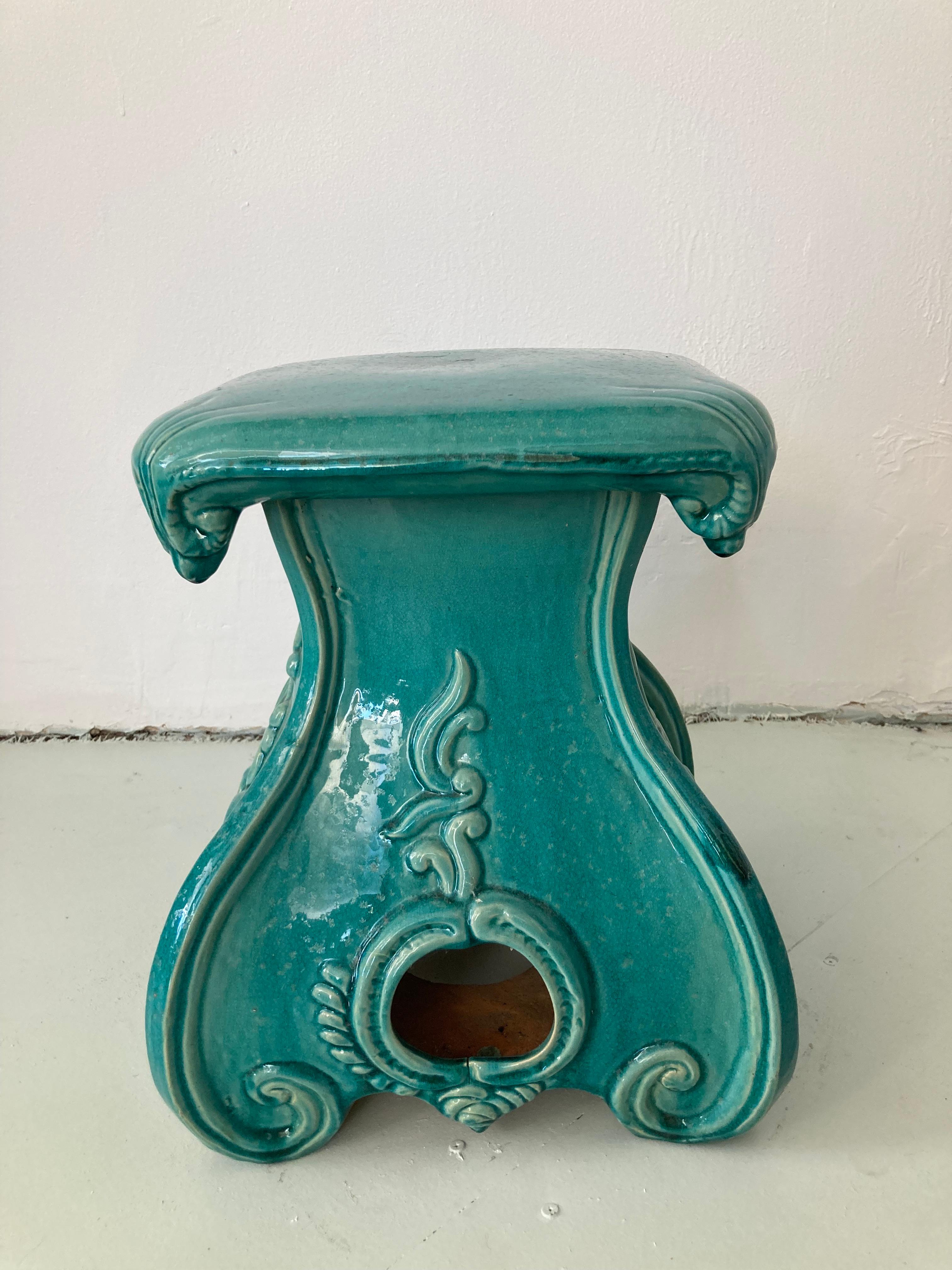 Other Turquoise Glazed Terra Cotta Garden Seat For Sale