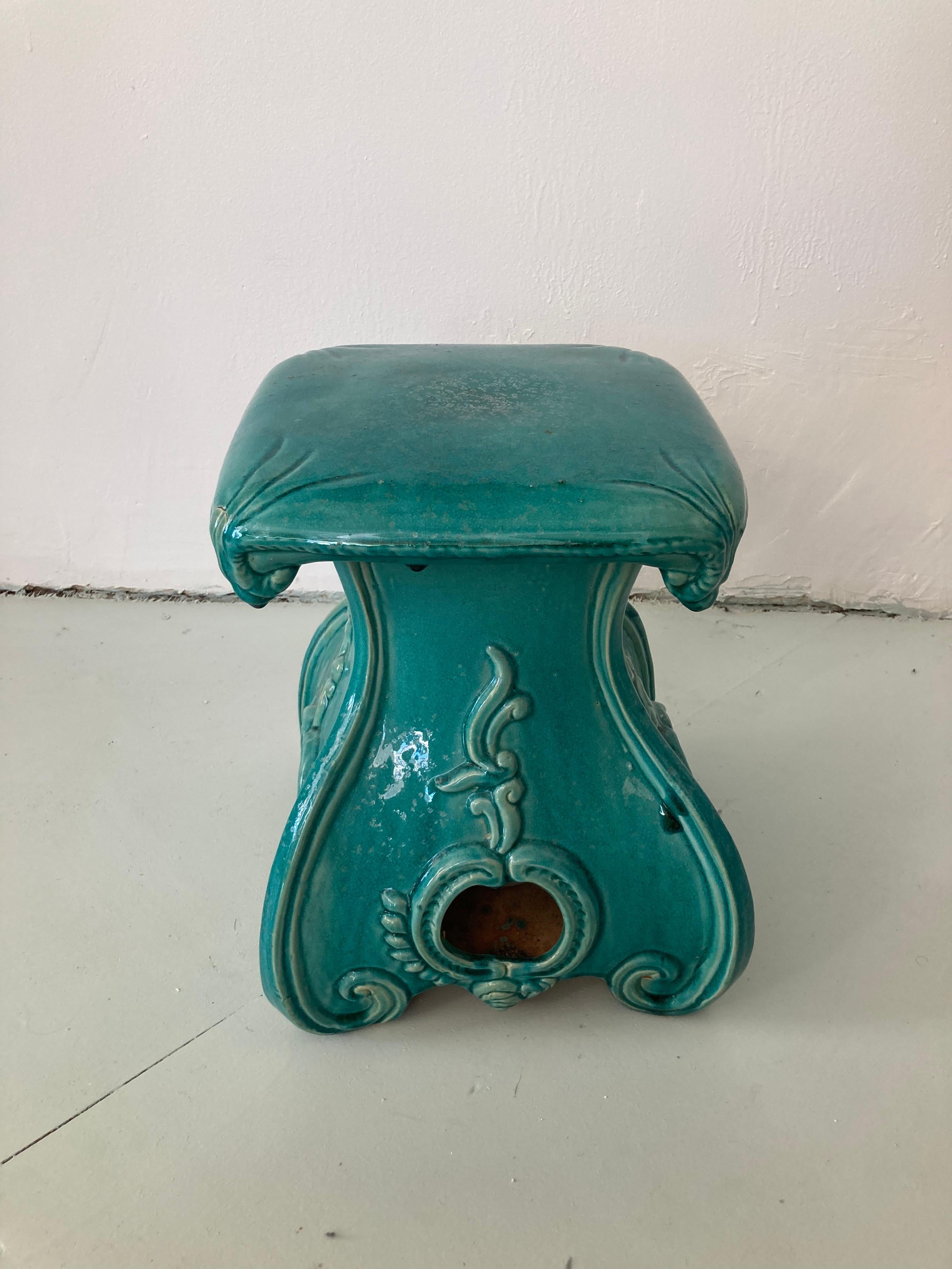 Italian Turquoise Glazed Terra Cotta Garden Seat For Sale