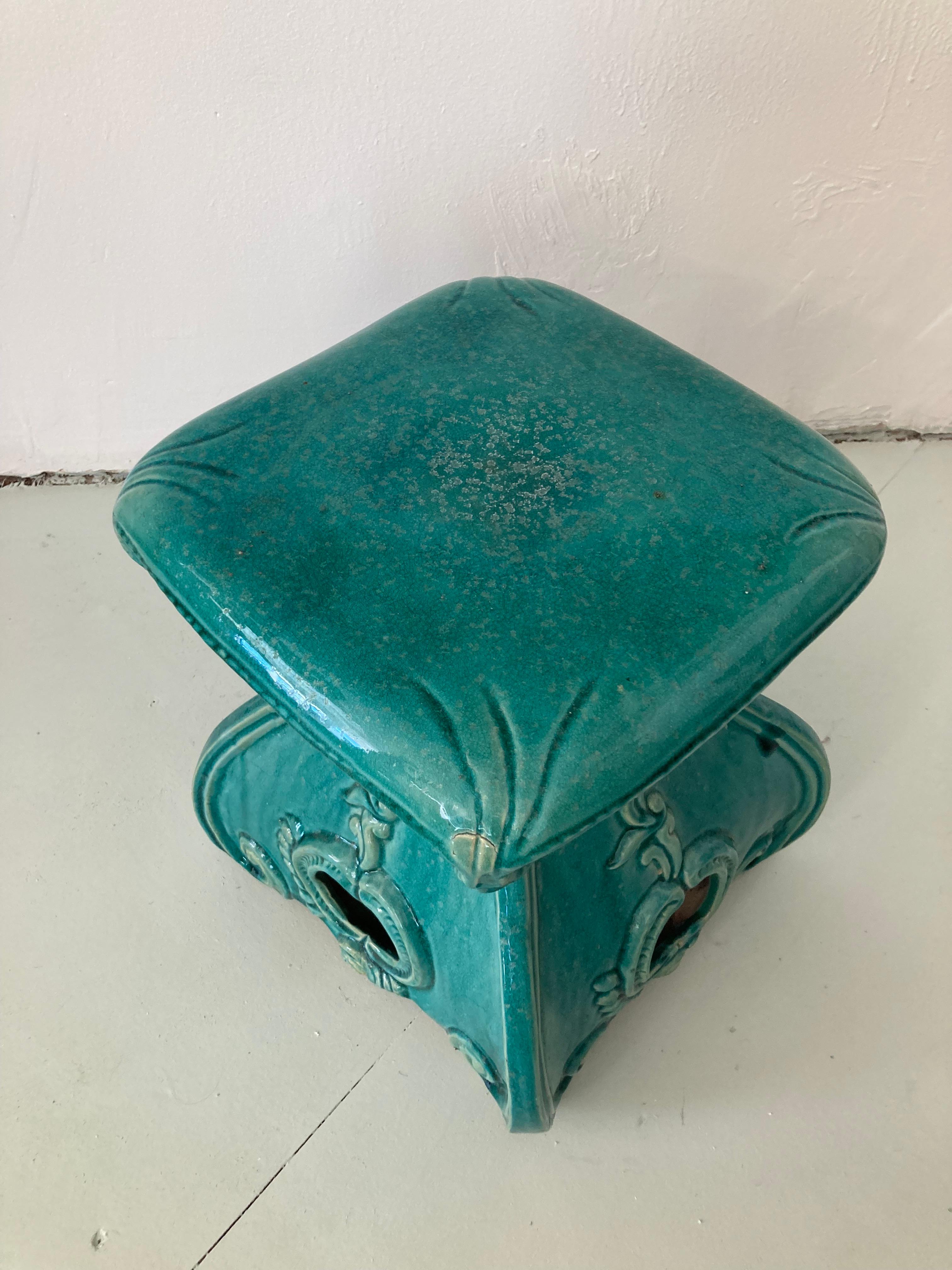 Turquoise Glazed Terra Cotta Garden Seat In Good Condition For Sale In Los Angeles, CA