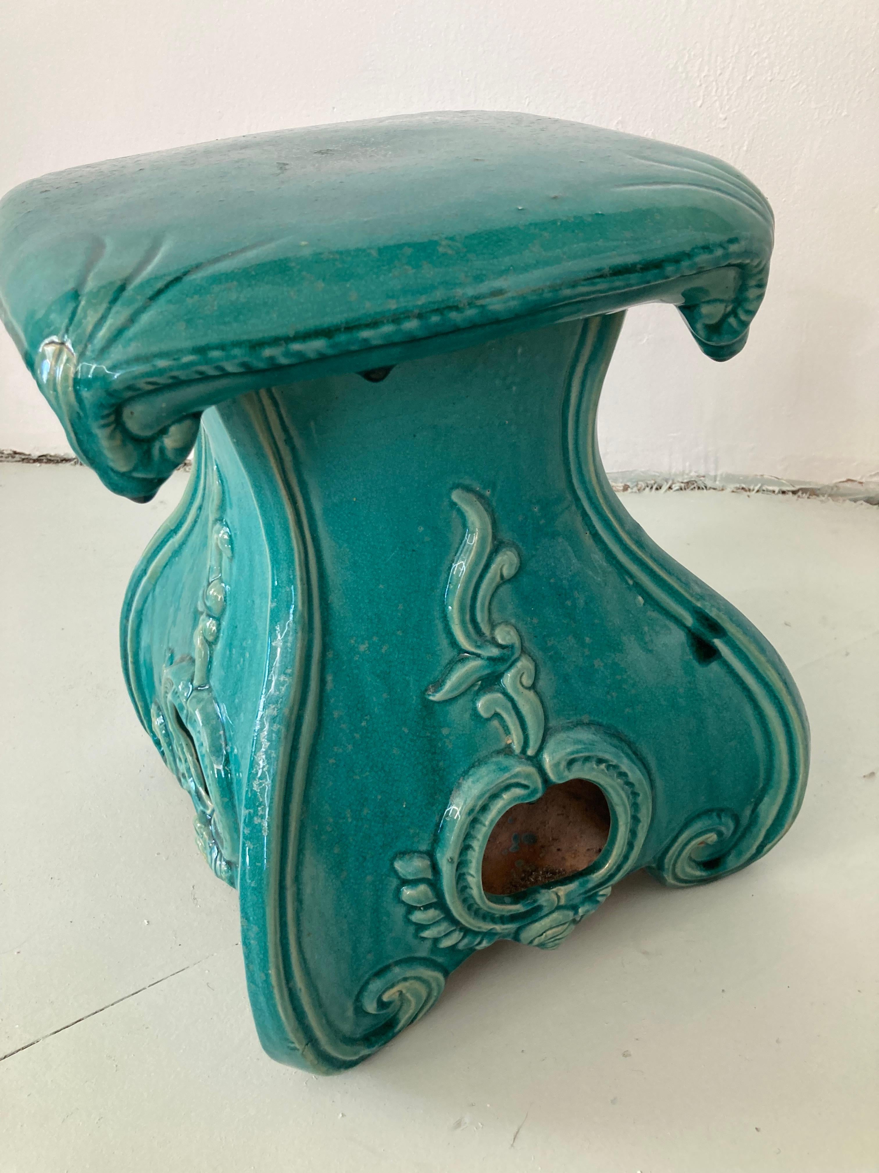 Early 20th Century Turquoise Glazed Terra Cotta Garden Seat For Sale