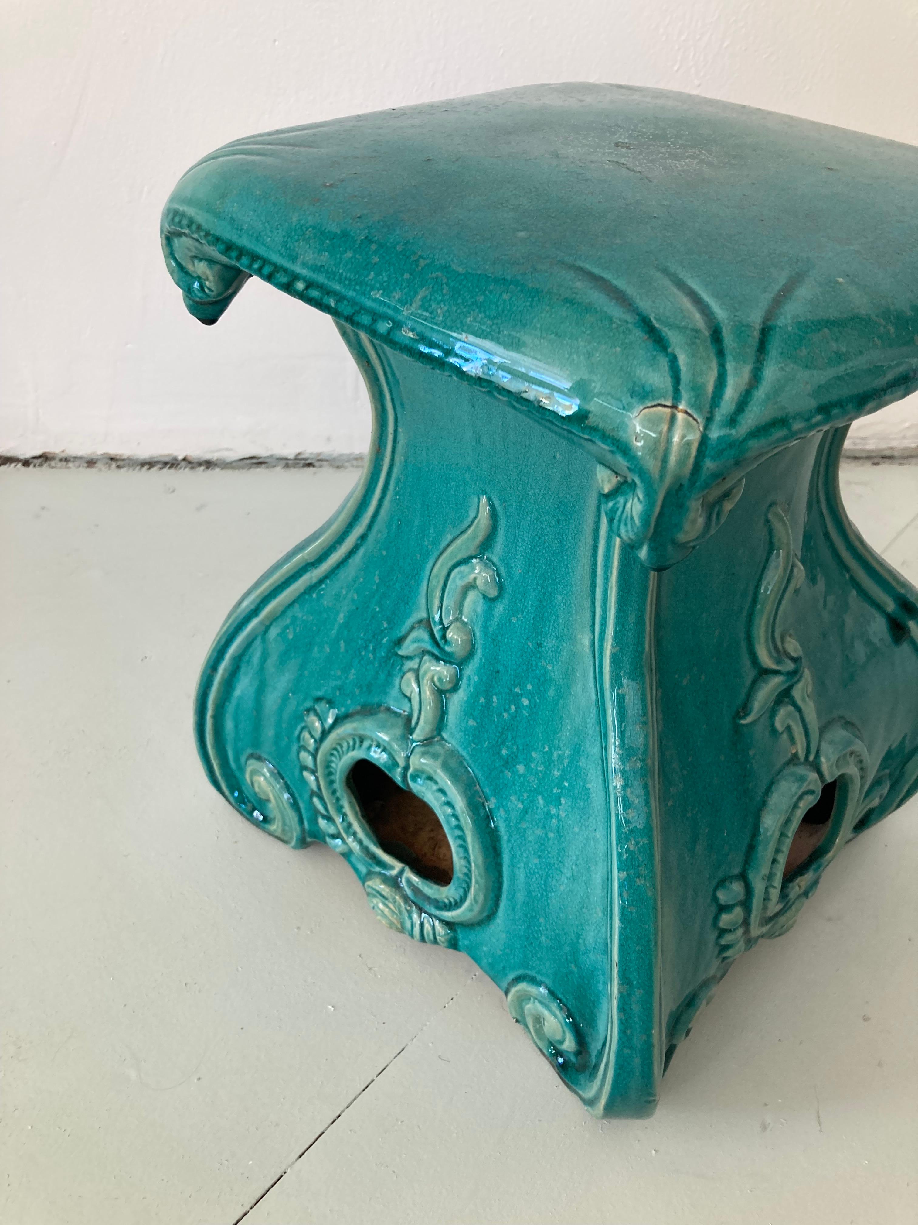 Terracotta Turquoise Glazed Terra Cotta Garden Seat For Sale