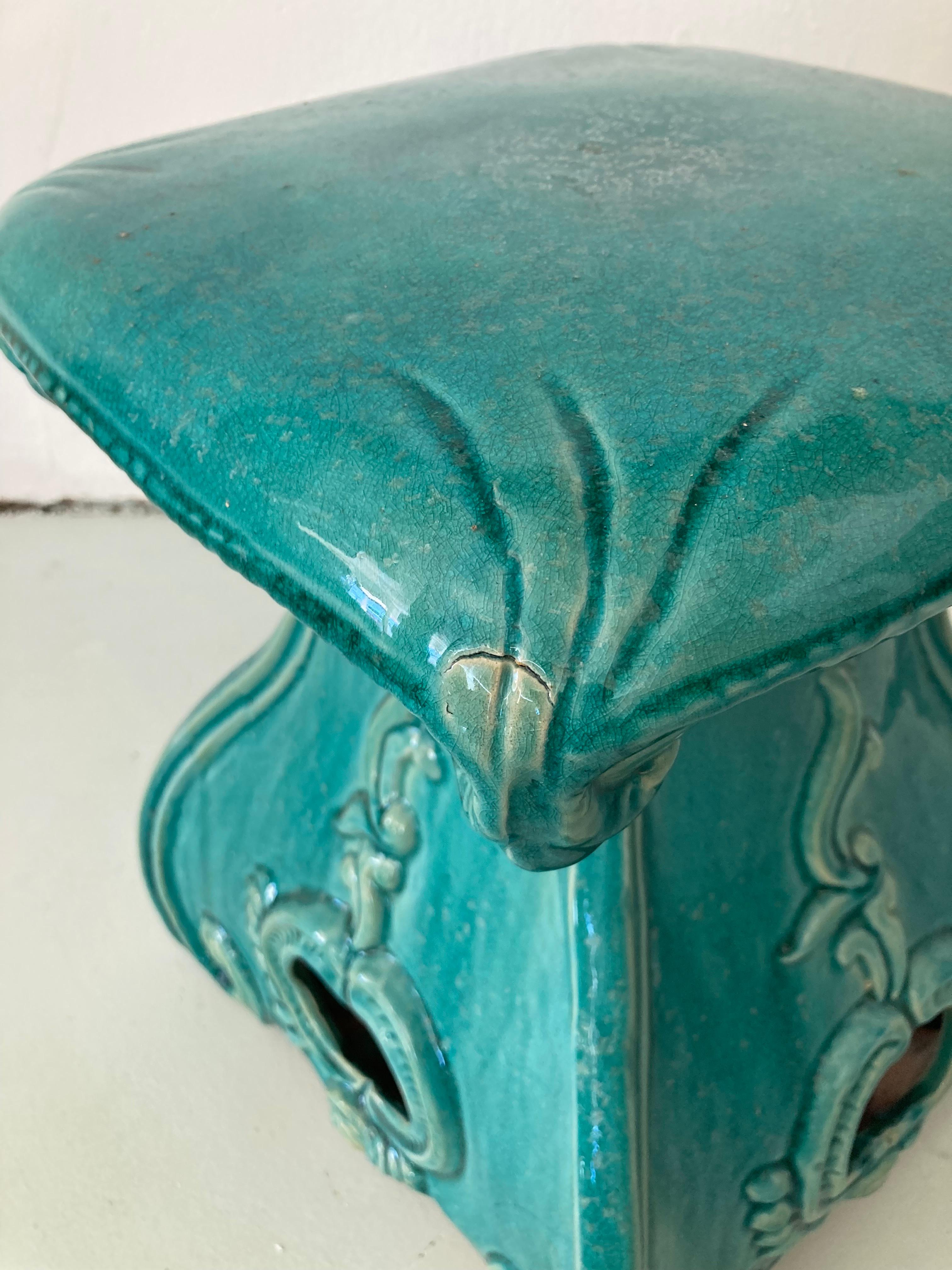 Turquoise Glazed Terra Cotta Garden Seat For Sale 1