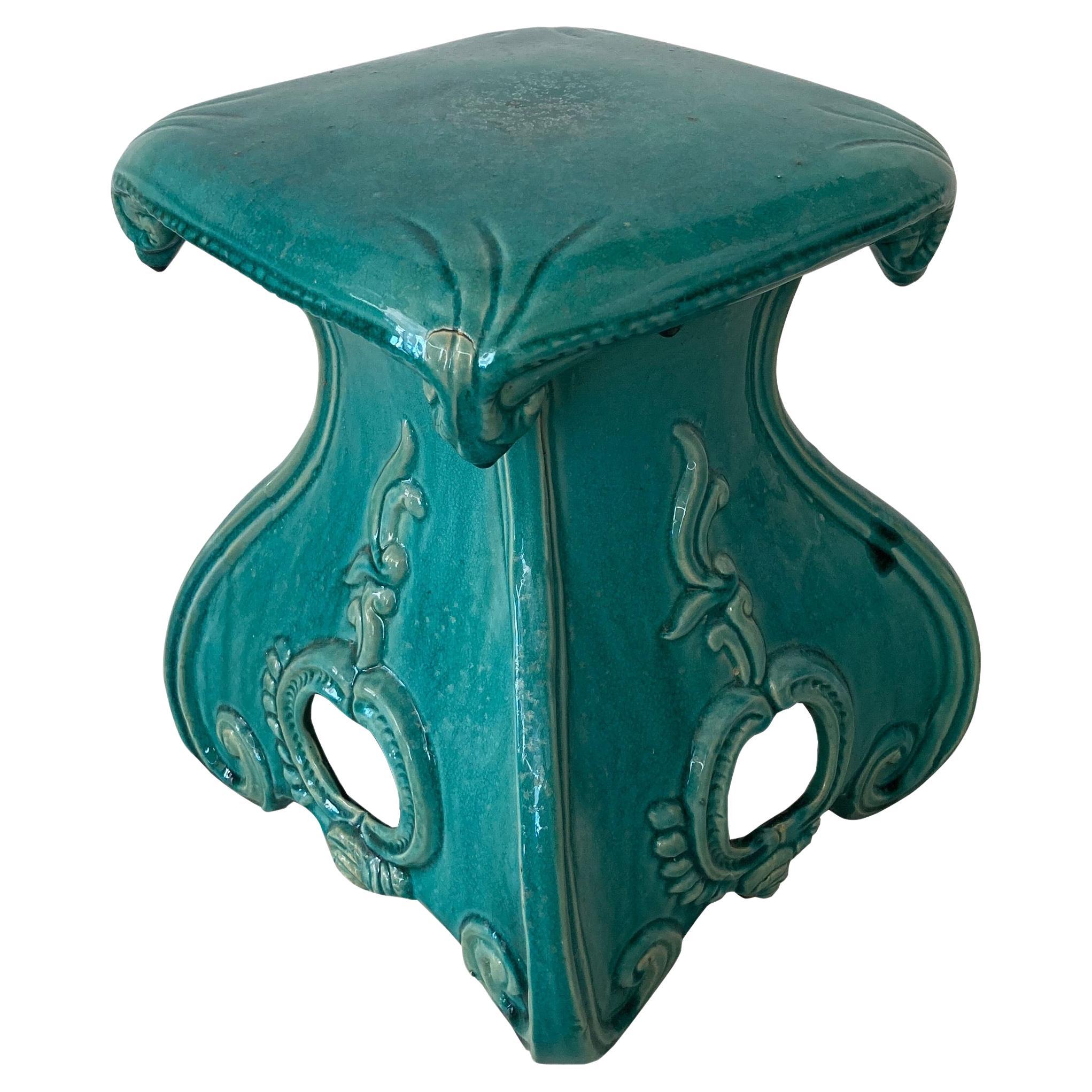 Turquoise Glazed Terra Cotta Garden Seat For Sale