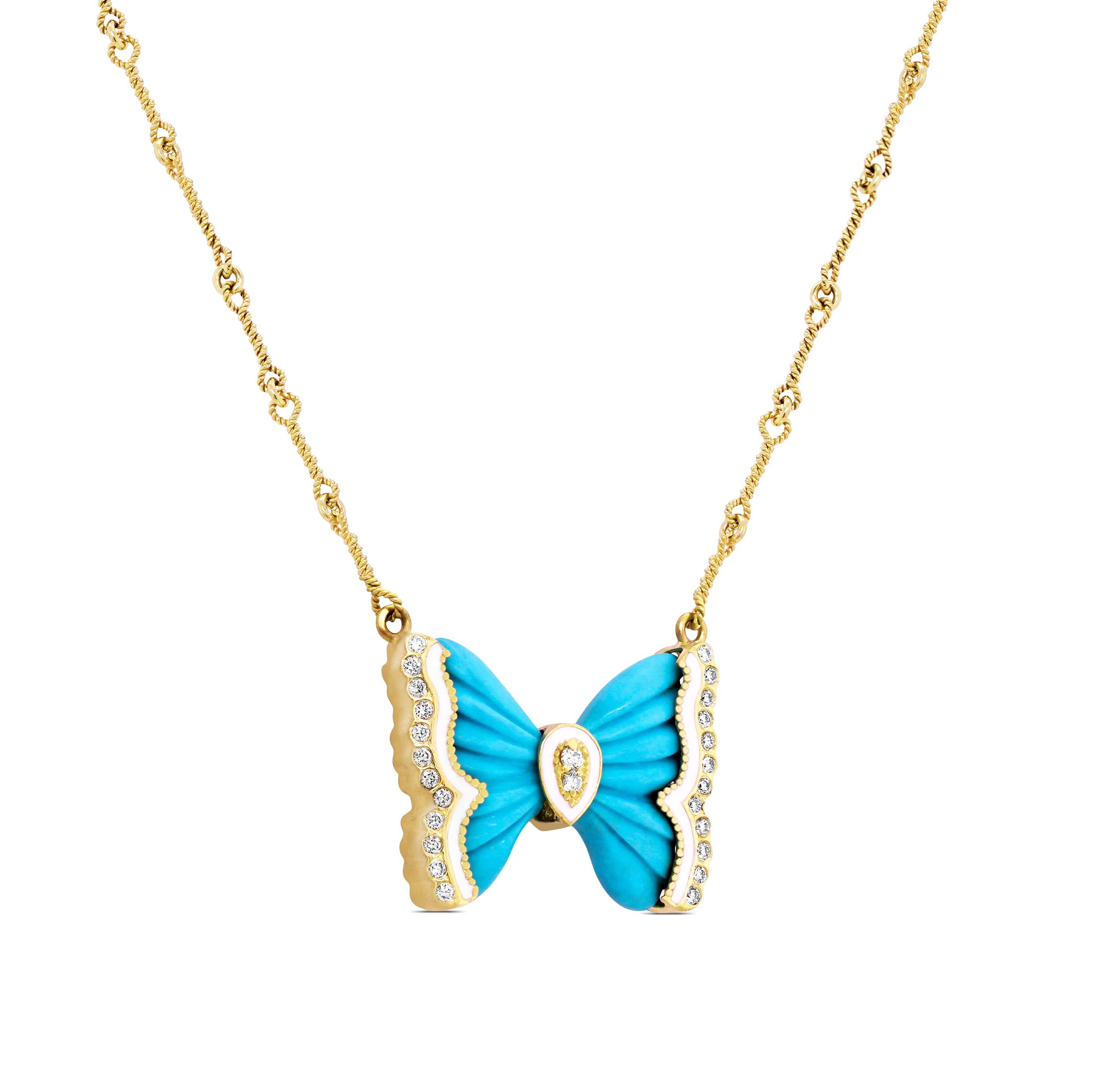18K Yellow Gold and Diamond Butterfly Pendant Necklace with Turquoise and White Enamel by Stambolian

This butterfly is from the 2020 Spring Stambolian collection and features two special cut Turquoise framed with white enamel and diamonds

Apprx.