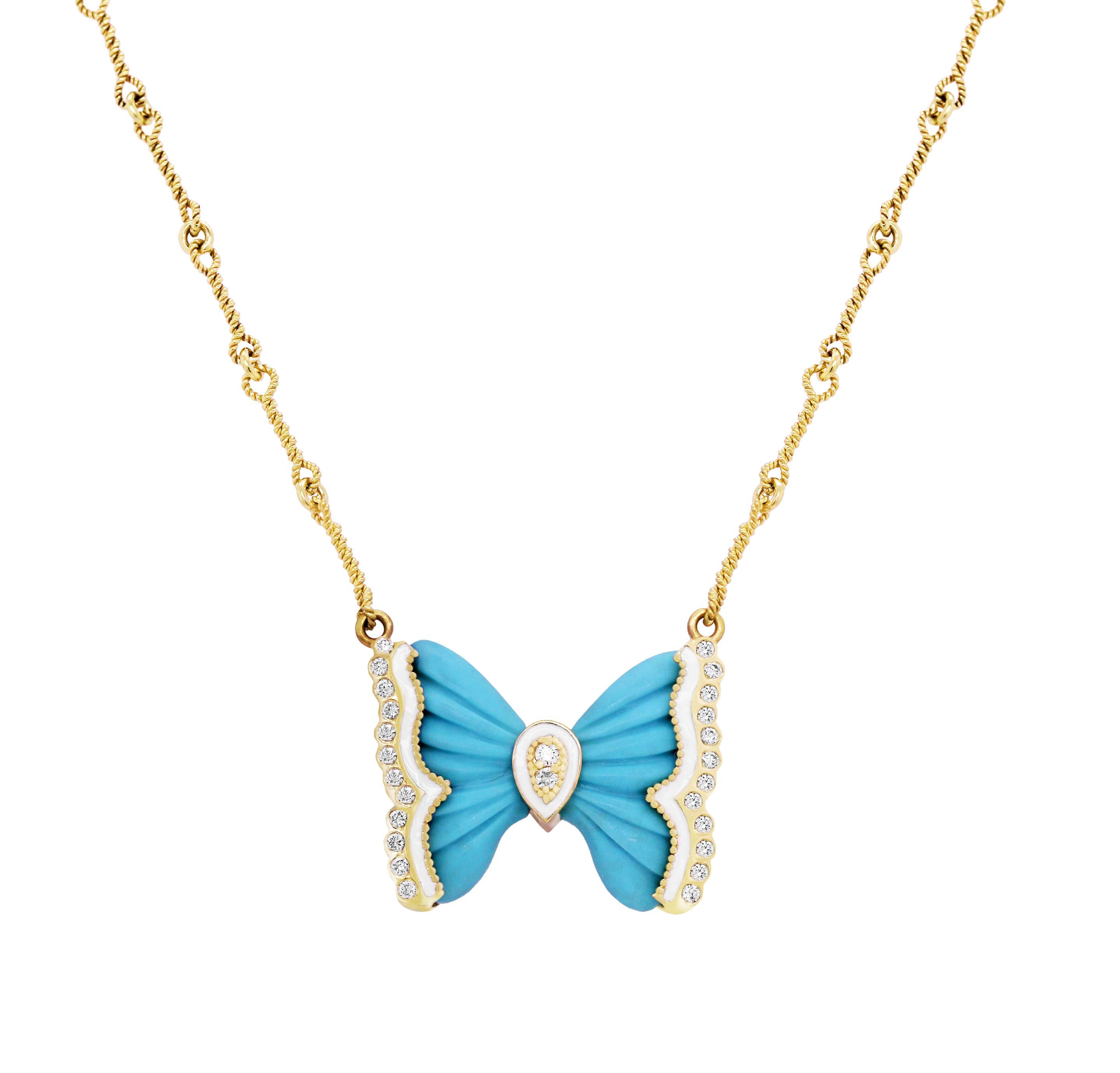 Cabochon Turquoise Gold and Diamond Butterfly Pendant Necklace White Enamel Stambolian