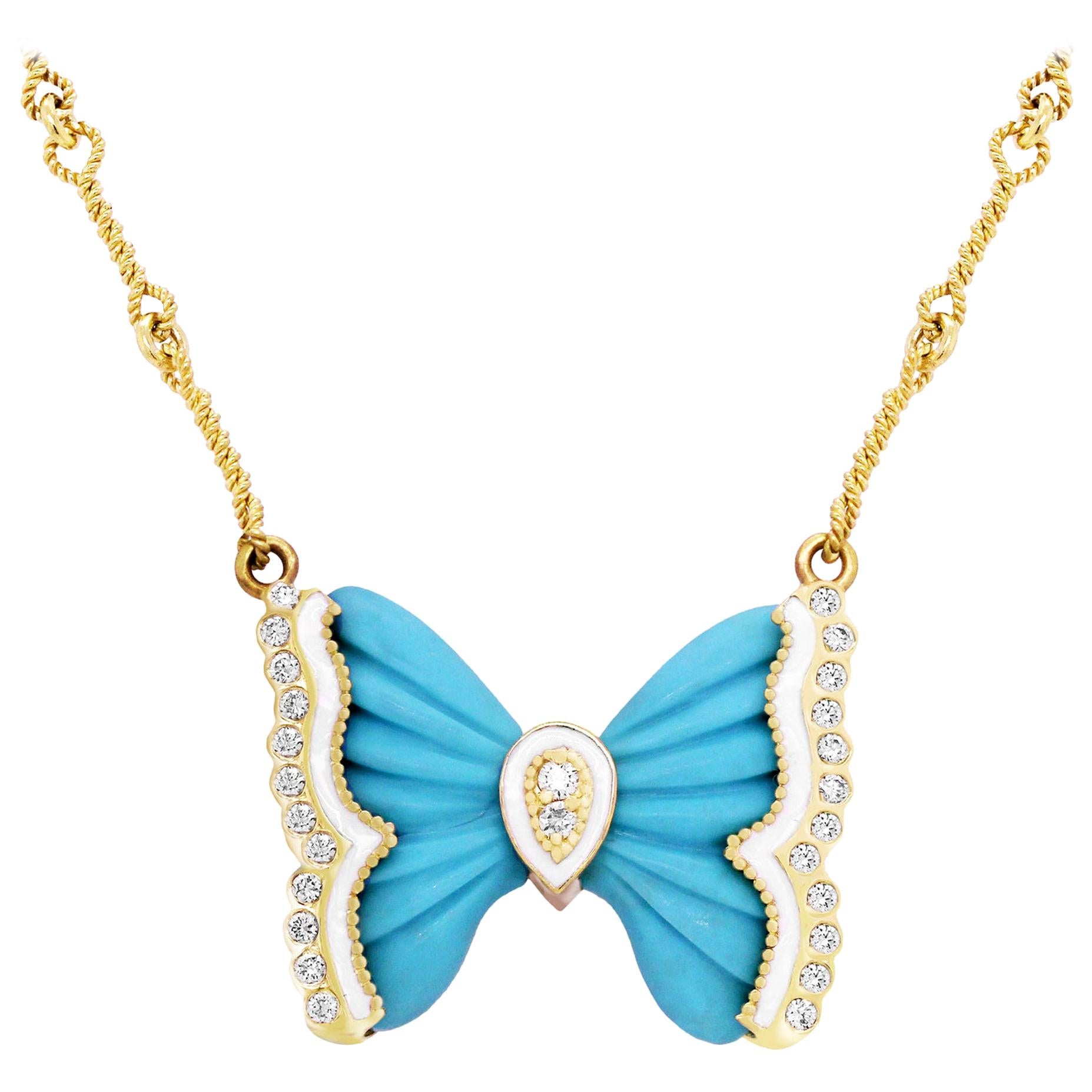 Turquoise Gold and Diamond Butterfly Pendant Necklace White Enamel Stambolian