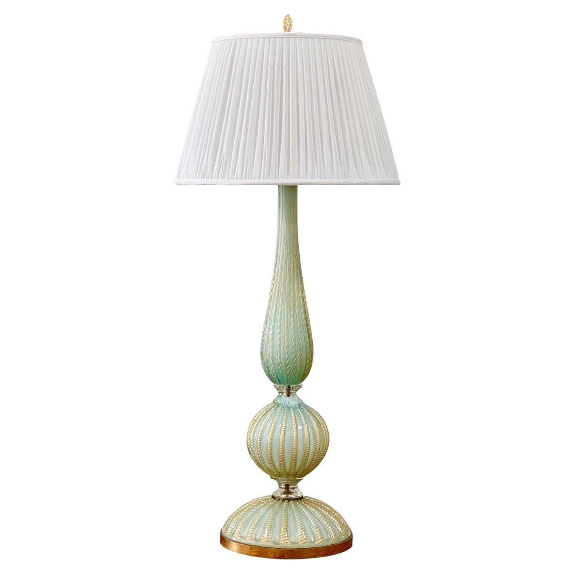 Tall Turquoise & Gold Aventurine Murano Glass Table Lamp, Circa 1960