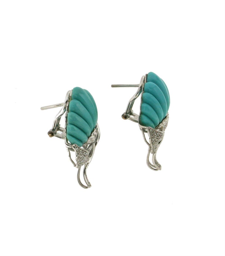 Turquoise 18 Karat White Gold Diamonds Leaves Stud Earrings For Turquoise 18 Karat White Gold Diamonds Leaves Stud Earrings In New Condition For Marcianise