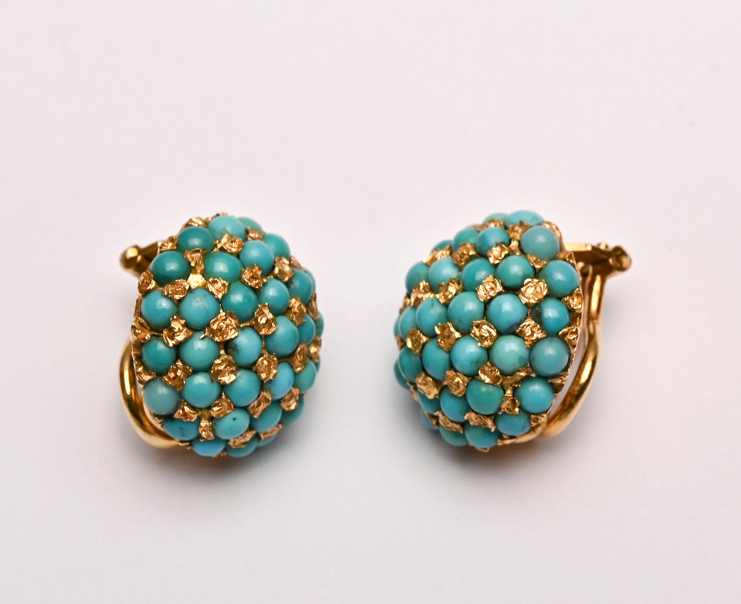 Contemporary Turquoise Gold Dome Earrings For Sale