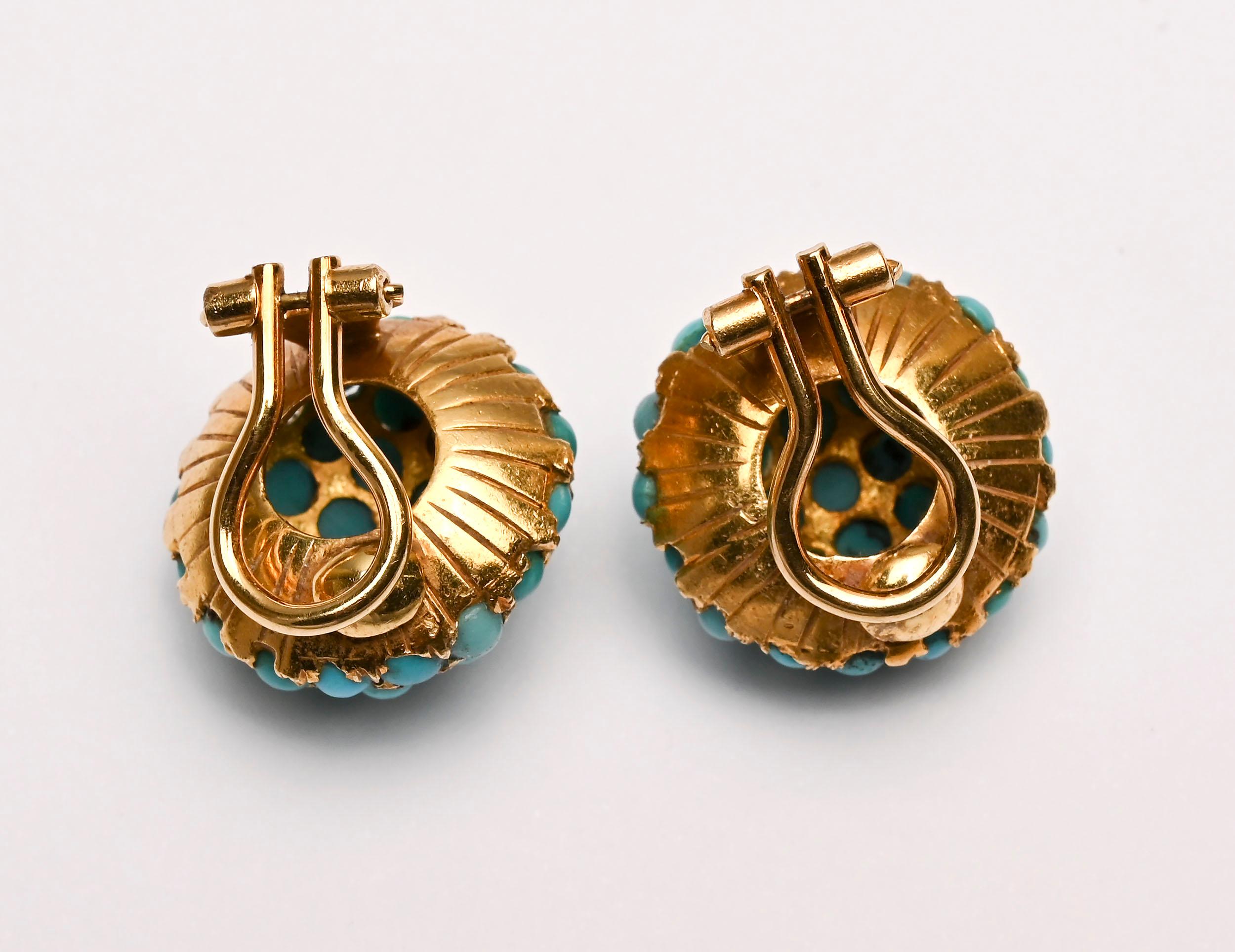 Contemporary Turquoise Gold Dome Earrings