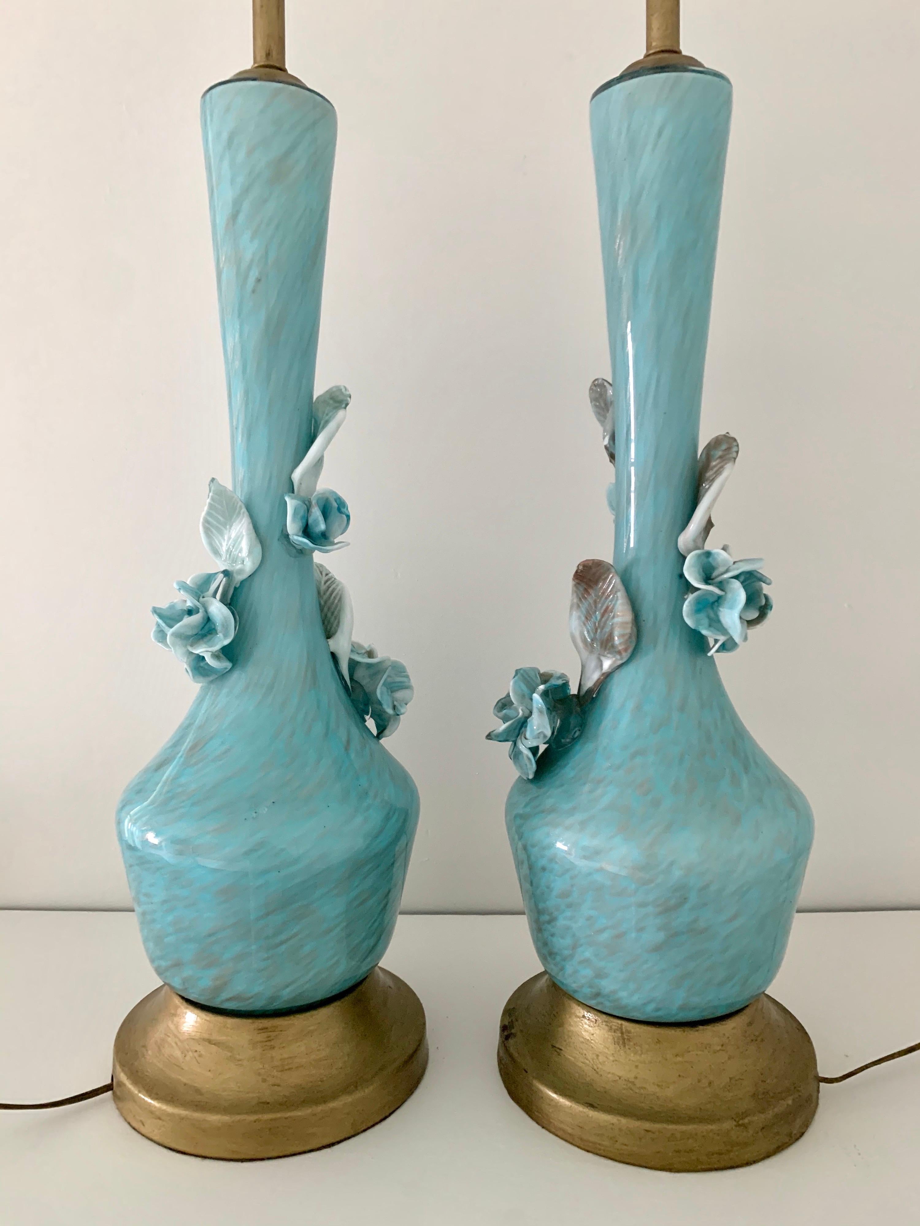 Hollywood Regency Turquoise and Gold Murano Venetian Glass Lamps Flowers Midcentury Hollywood