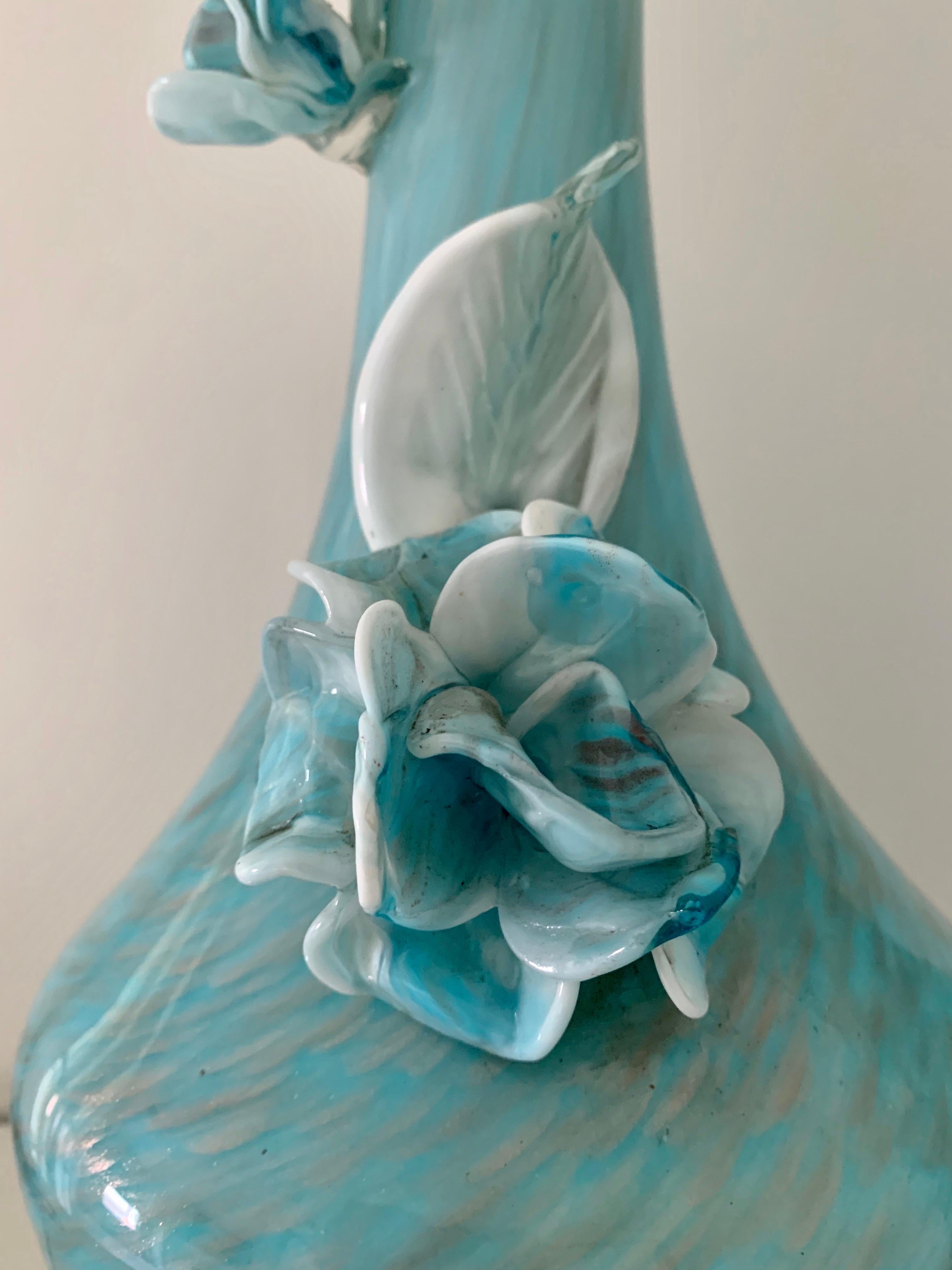 Italian Turquoise and Gold Murano Venetian Glass Lamps Flowers Midcentury Hollywood