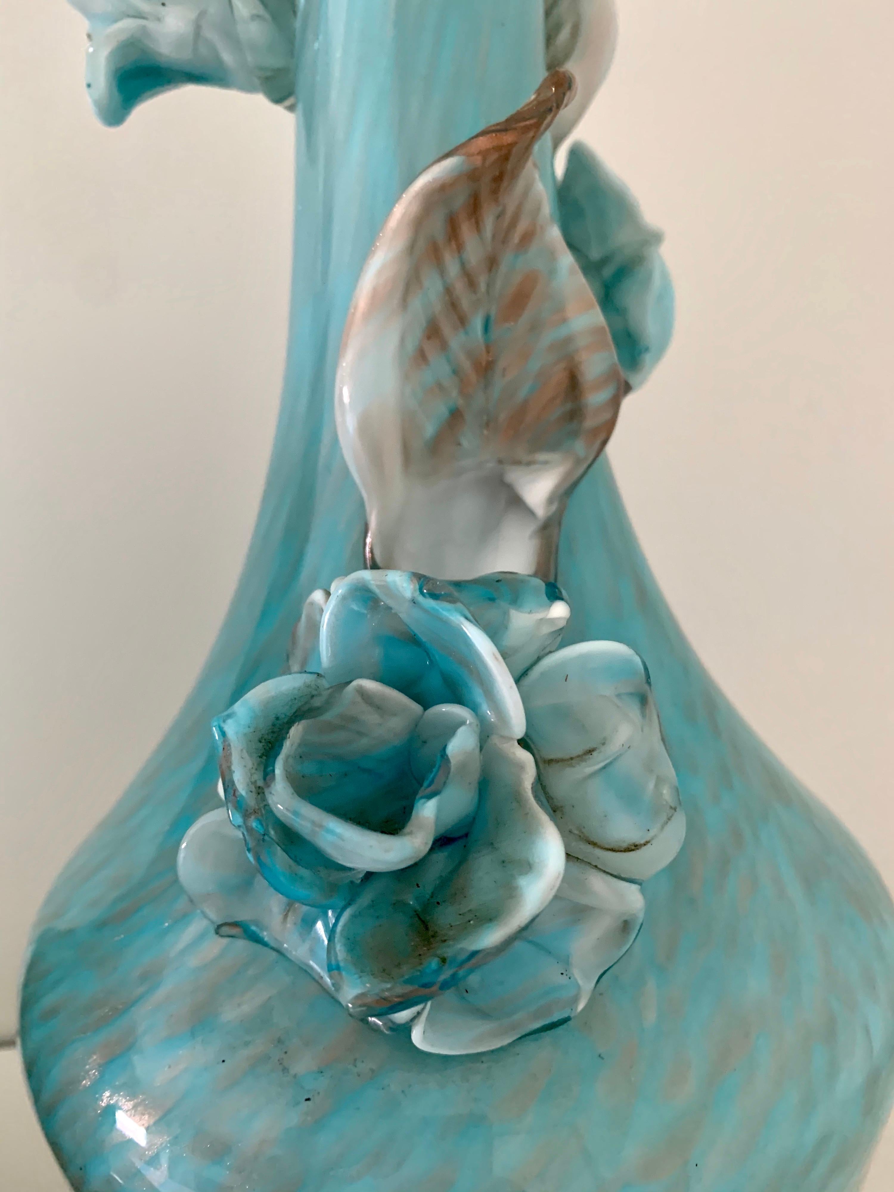 Turquoise and Gold Murano Venetian Glass Lamps Flowers Midcentury Hollywood In Good Condition In West Hartford, CT