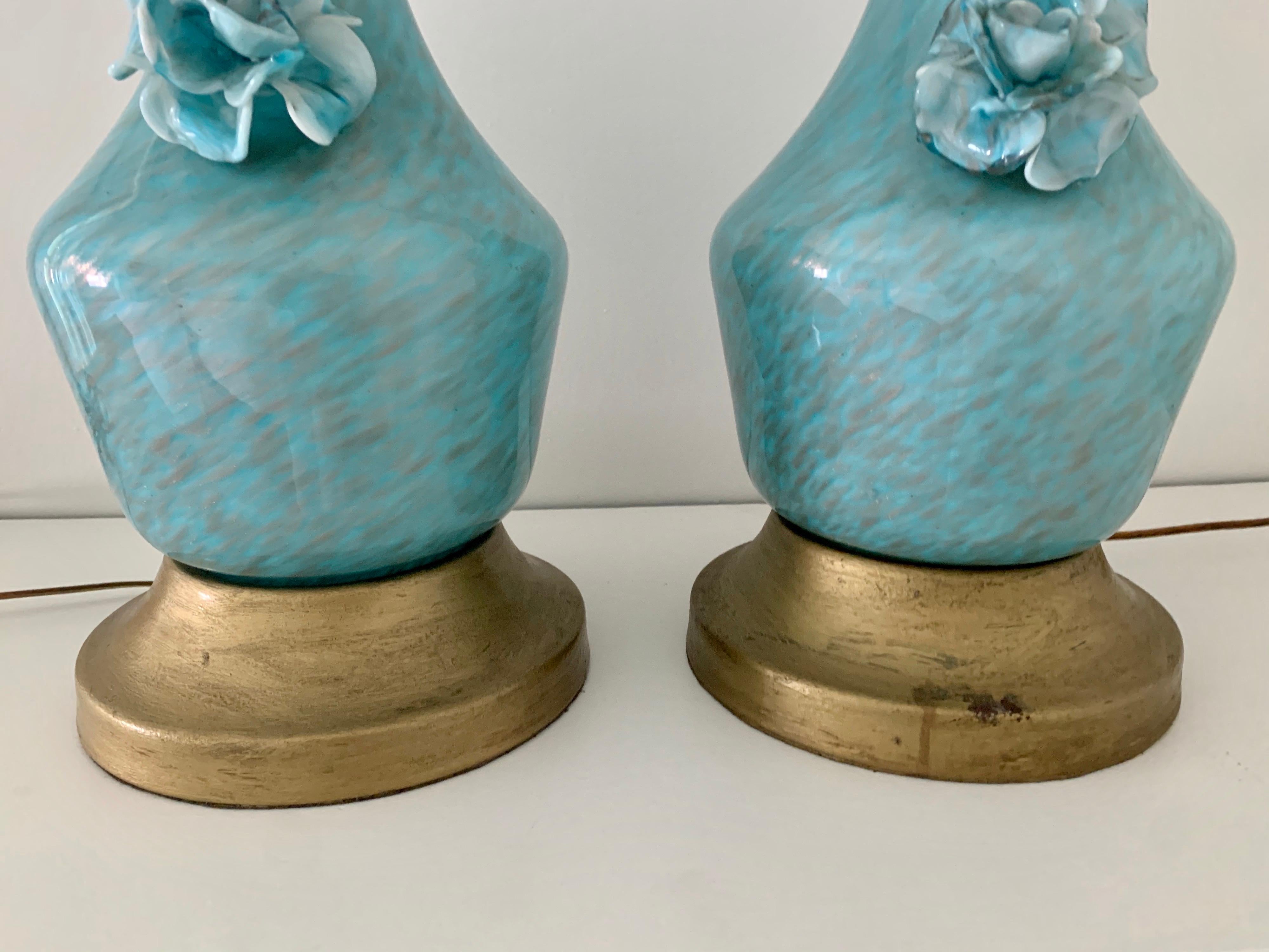 Mid-20th Century Turquoise and Gold Murano Venetian Glass Lamps Flowers Midcentury Hollywood