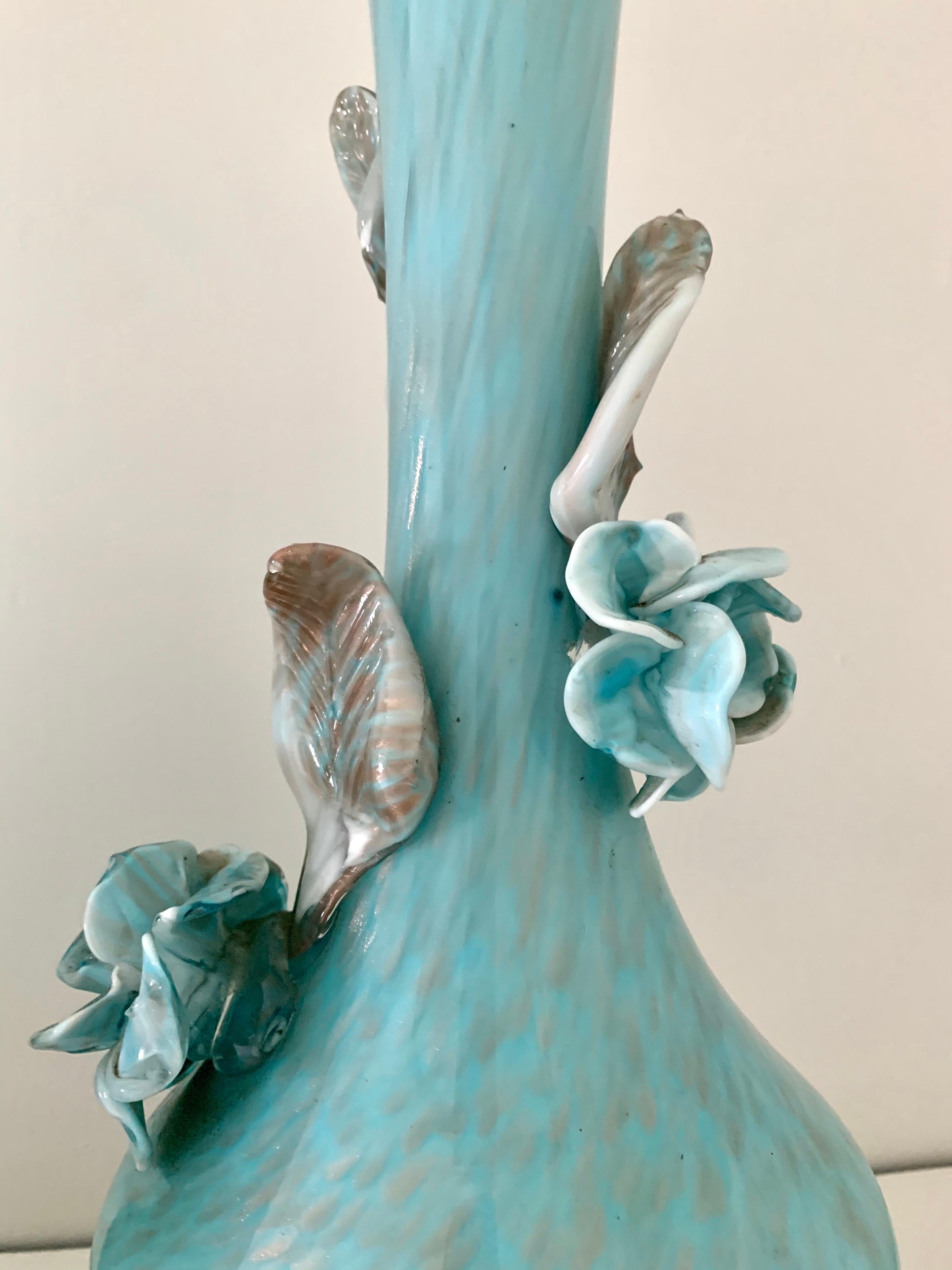 Turquoise and Gold Murano Venetian Glass Lamps Flowers Midcentury Hollywood 2