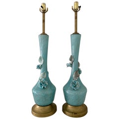 Turquoise and Gold Murano Venetian Glass Lamps Flowers Midcentury Hollywood