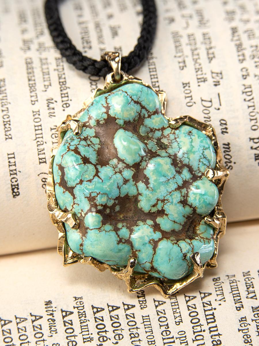 Turquoise nugget gold pendant Large Gem Necklace Green blue stone For Sale 1