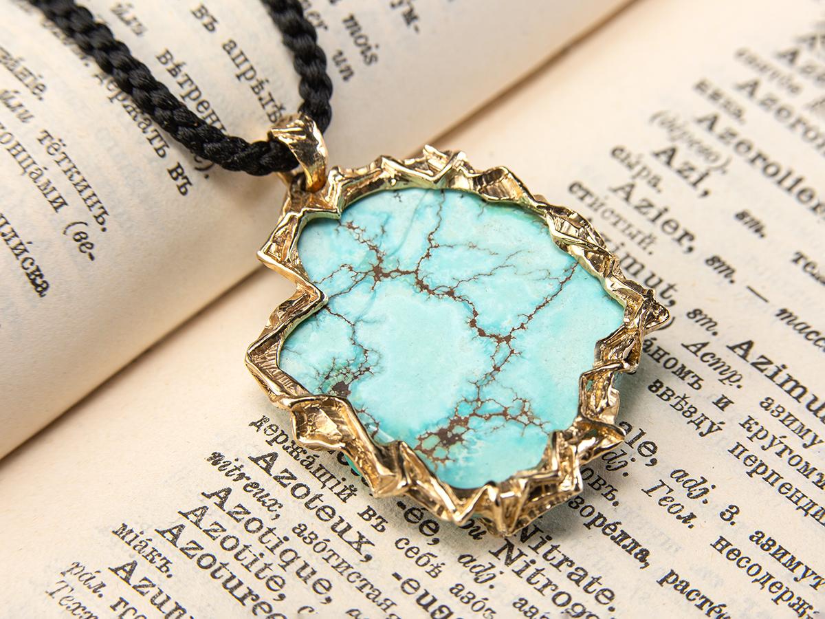 Turquoise nugget gold pendant Large Gem Necklace Green blue stone For Sale 8
