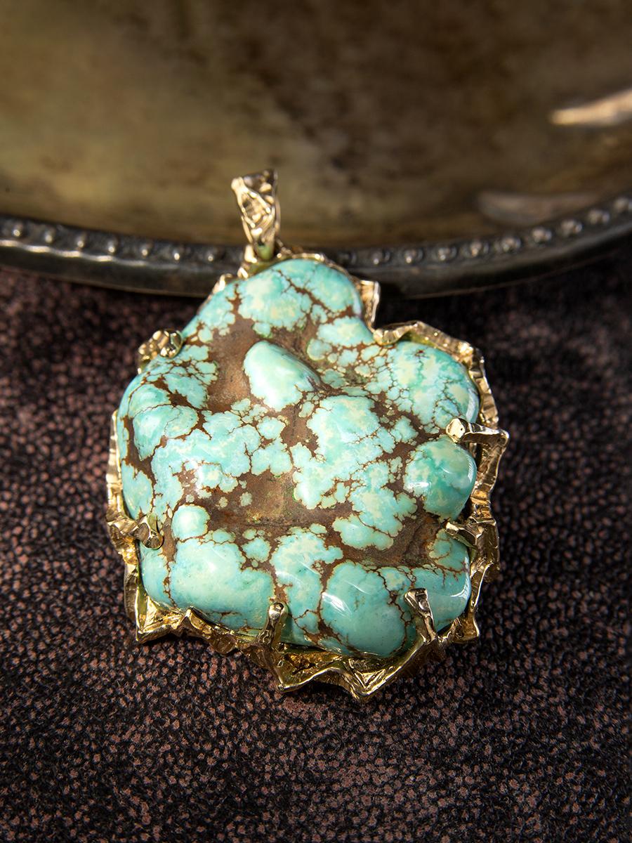 Turquoise nugget gold pendant Large Gem Necklace Green blue stone For Sale 3