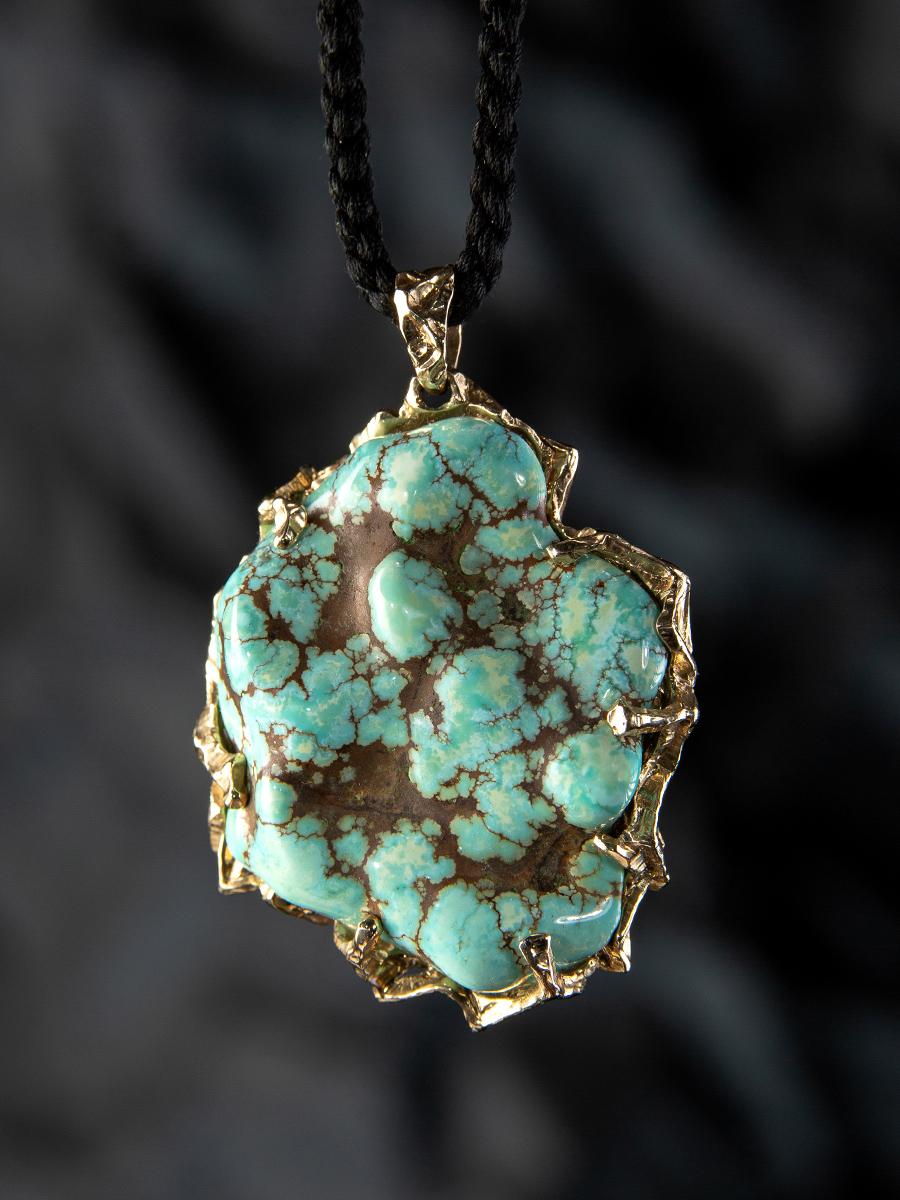 Uncut Turquoise nugget gold pendant Large Gem Necklace Green blue stone For Sale